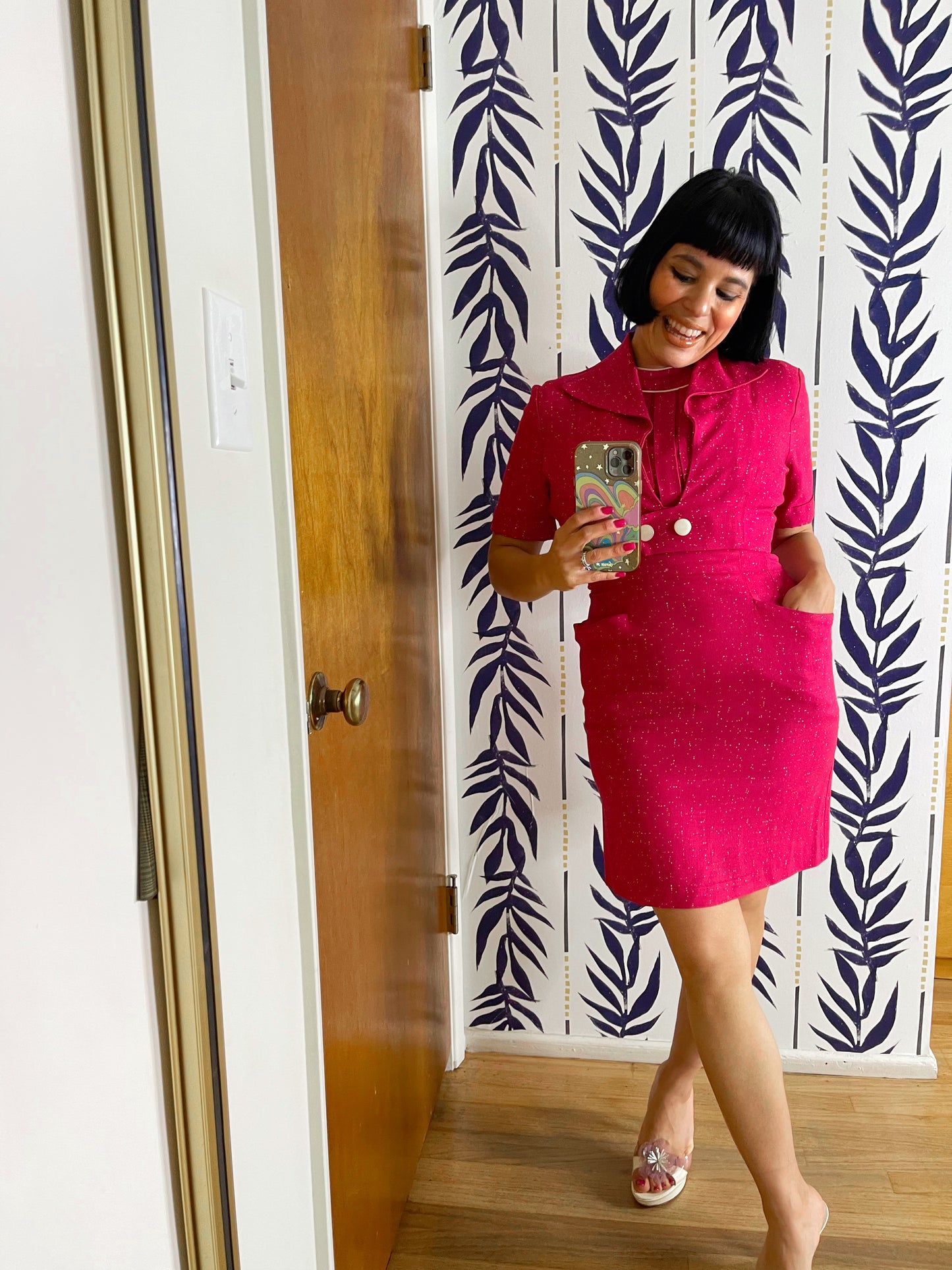 Vintage 50s / 60s Pink White Speckled Print Cotton Linen Wiggle Dress Set Fits Sizes XXS-SM