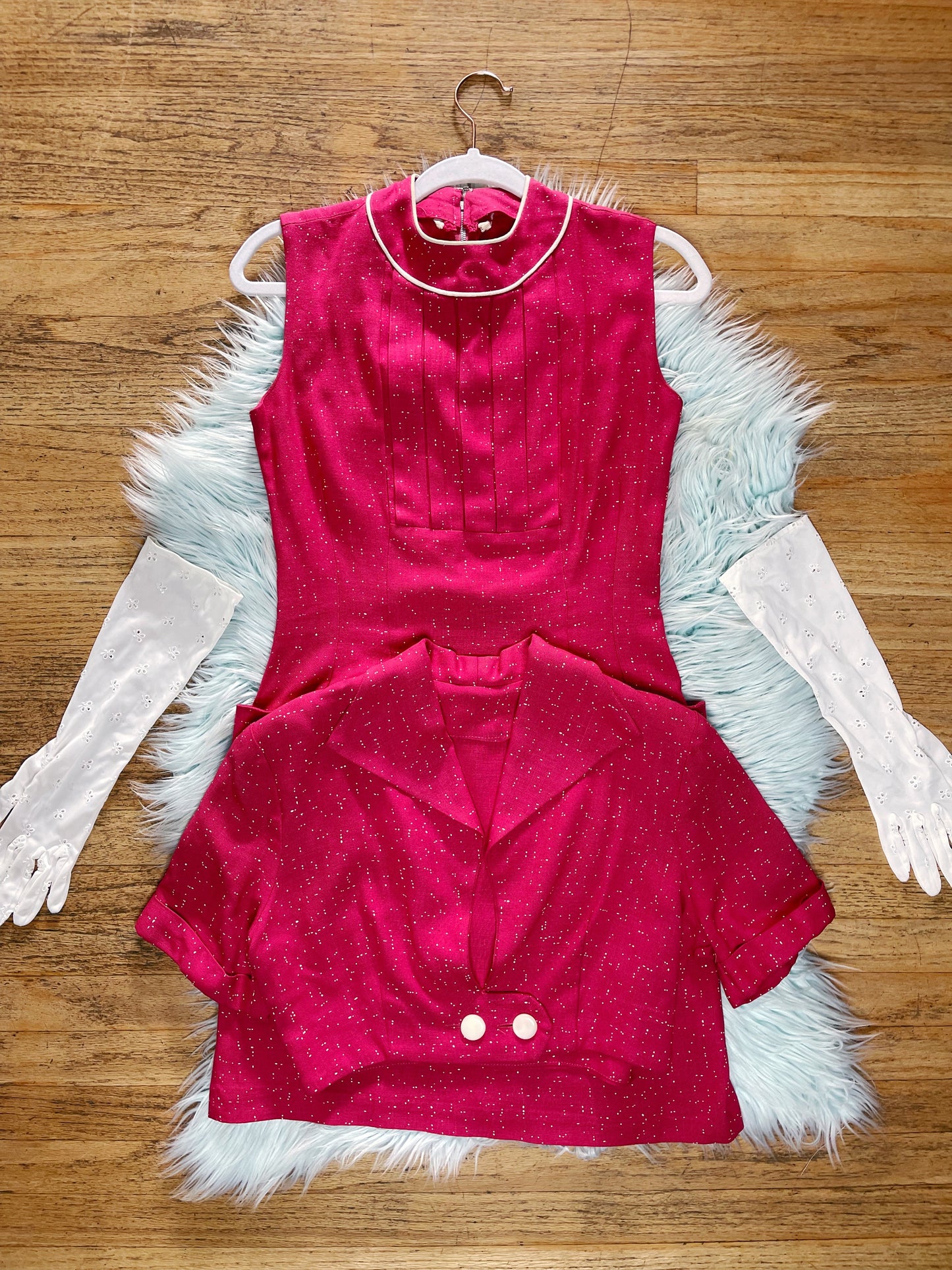 Vintage 50s / 60s Pink White Speckled Print Cotton Linen Wiggle Dress Set Fits Sizes XXS-SM