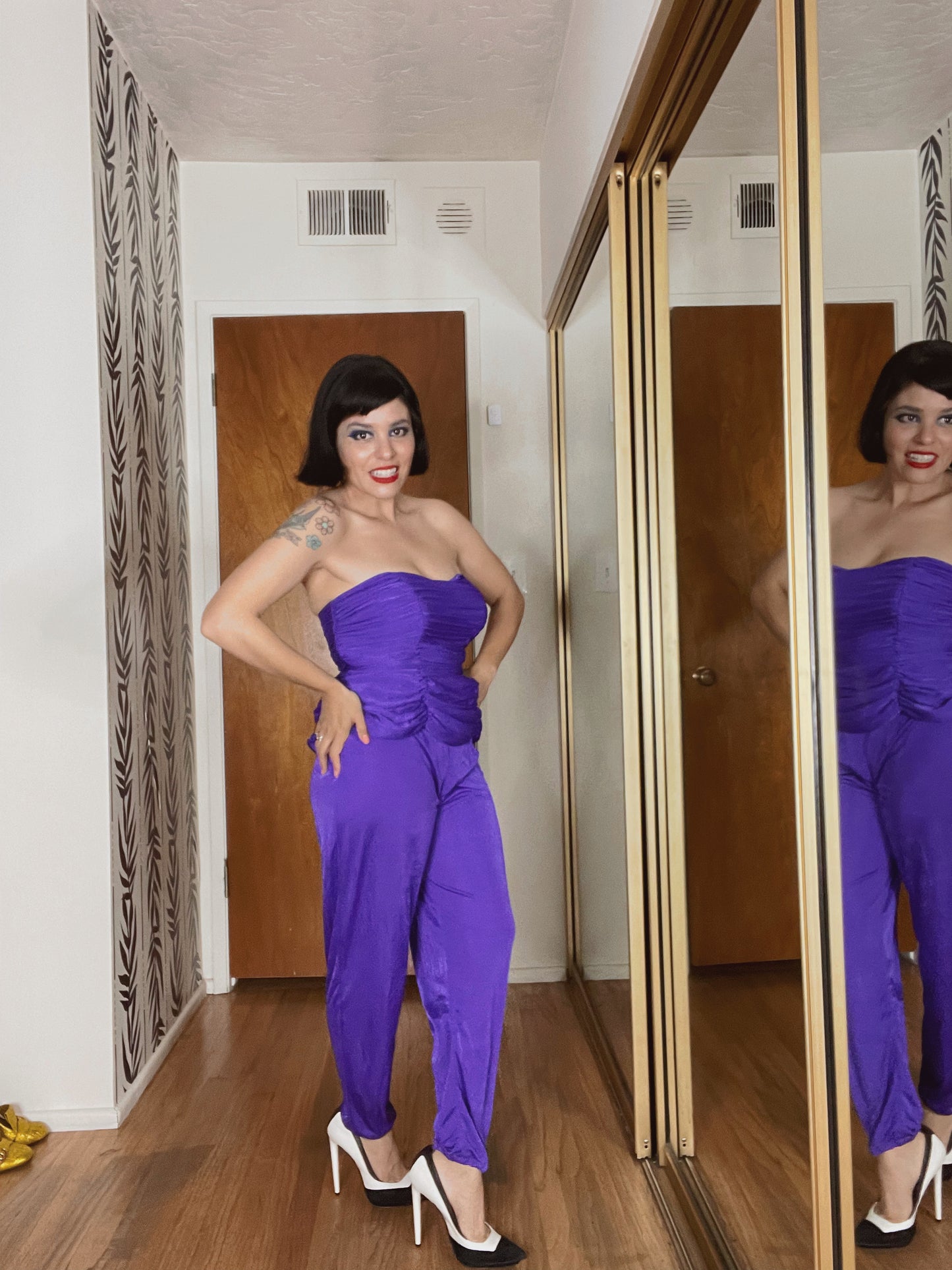 Vintage 1980s Ruched Purple Rain Strapless Built in Boning Jumpsuit Fits Sizes XS-SM & Possible Size M