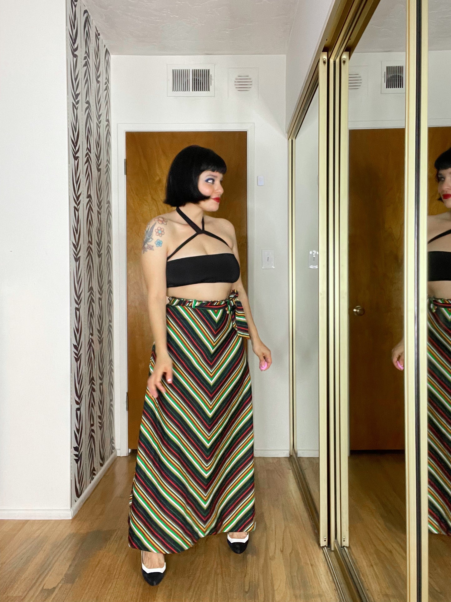 Vintage 1970s Multi Colored Chevron High Waisted Maxi Skirt Fits Sizes XS-S