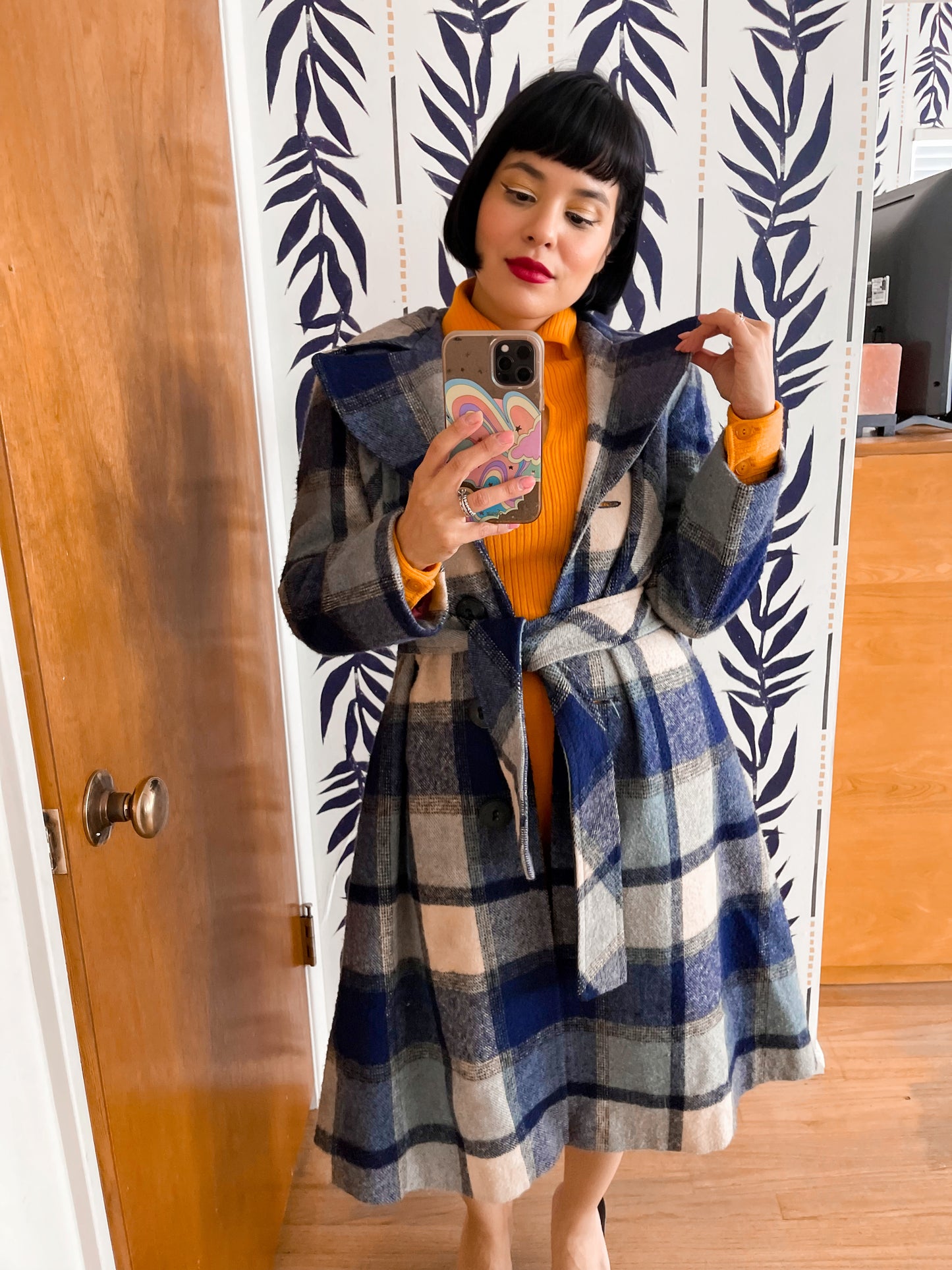 Vintage 60s / 70s Plaid Wool Hood Princess Coat Fits Sizes XS-SM & Possible Size M