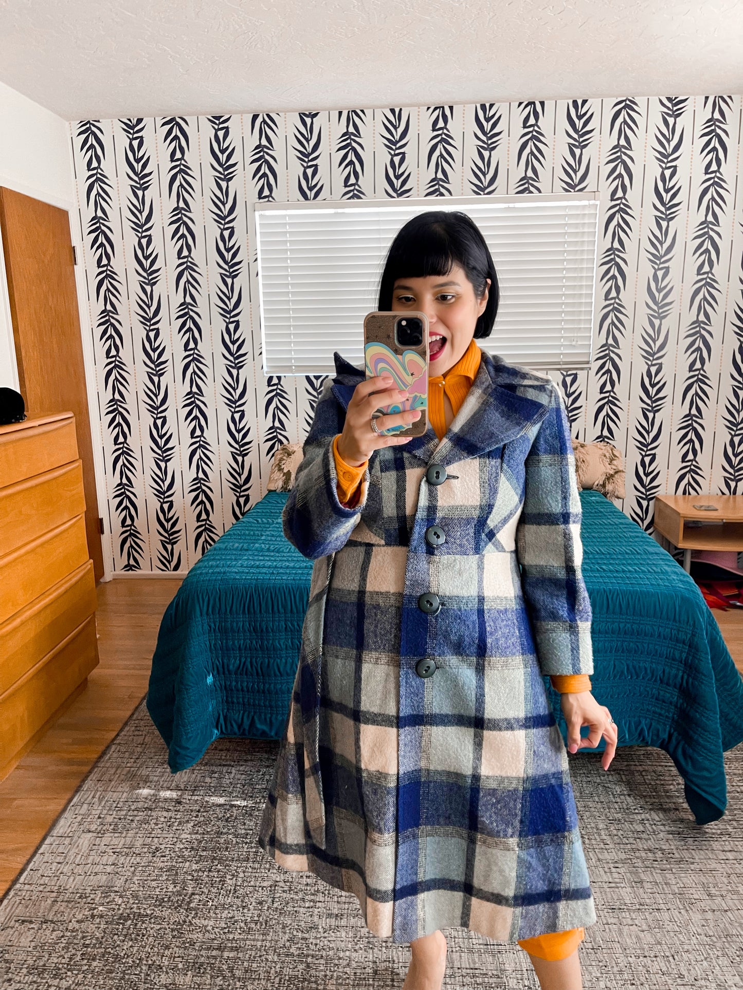Vintage 60s / 70s Plaid Wool Hood Princess Coat Fits Sizes XS-SM & Possible Size M
