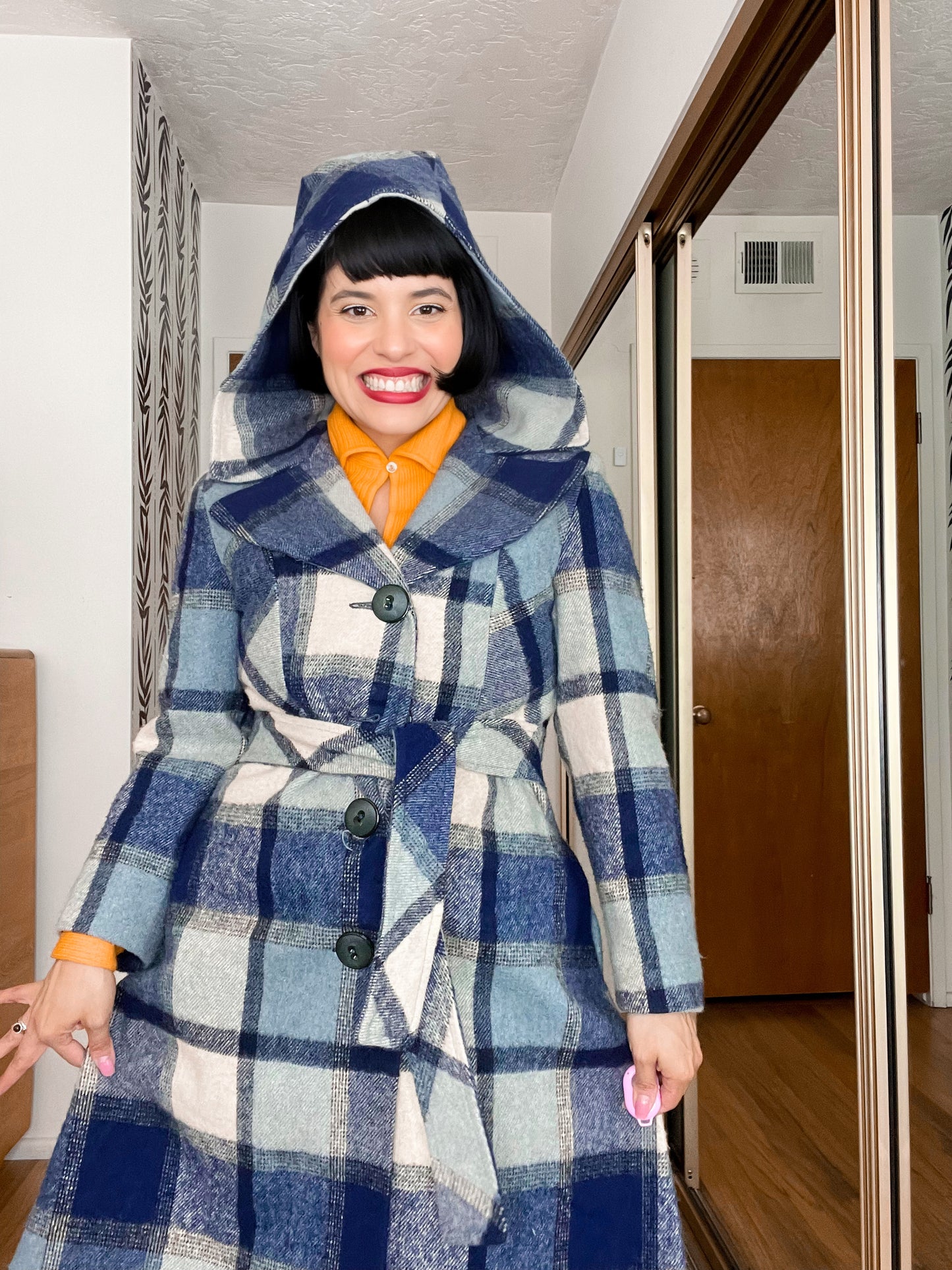 Vintage 60s / 70s Plaid Wool Hood Princess Coat Fits Sizes XS-SM & Possible Size M