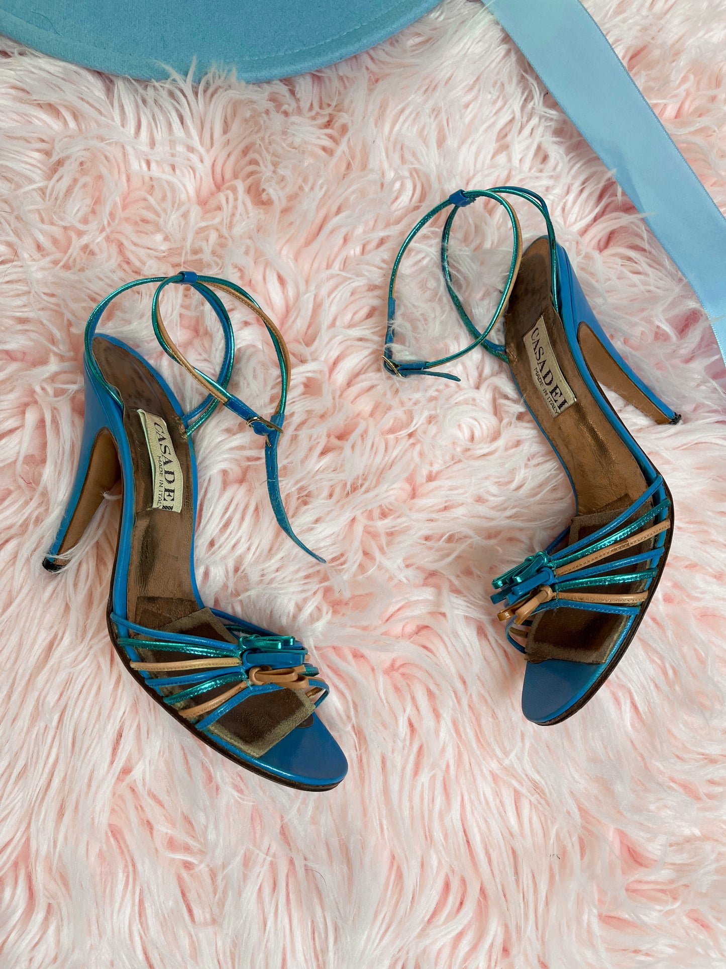 Vintage 70s / 80s "Casadei" Made in Italy Metallic Leather Strap Sandal Heel Shoes Fits US Women Size 6.5