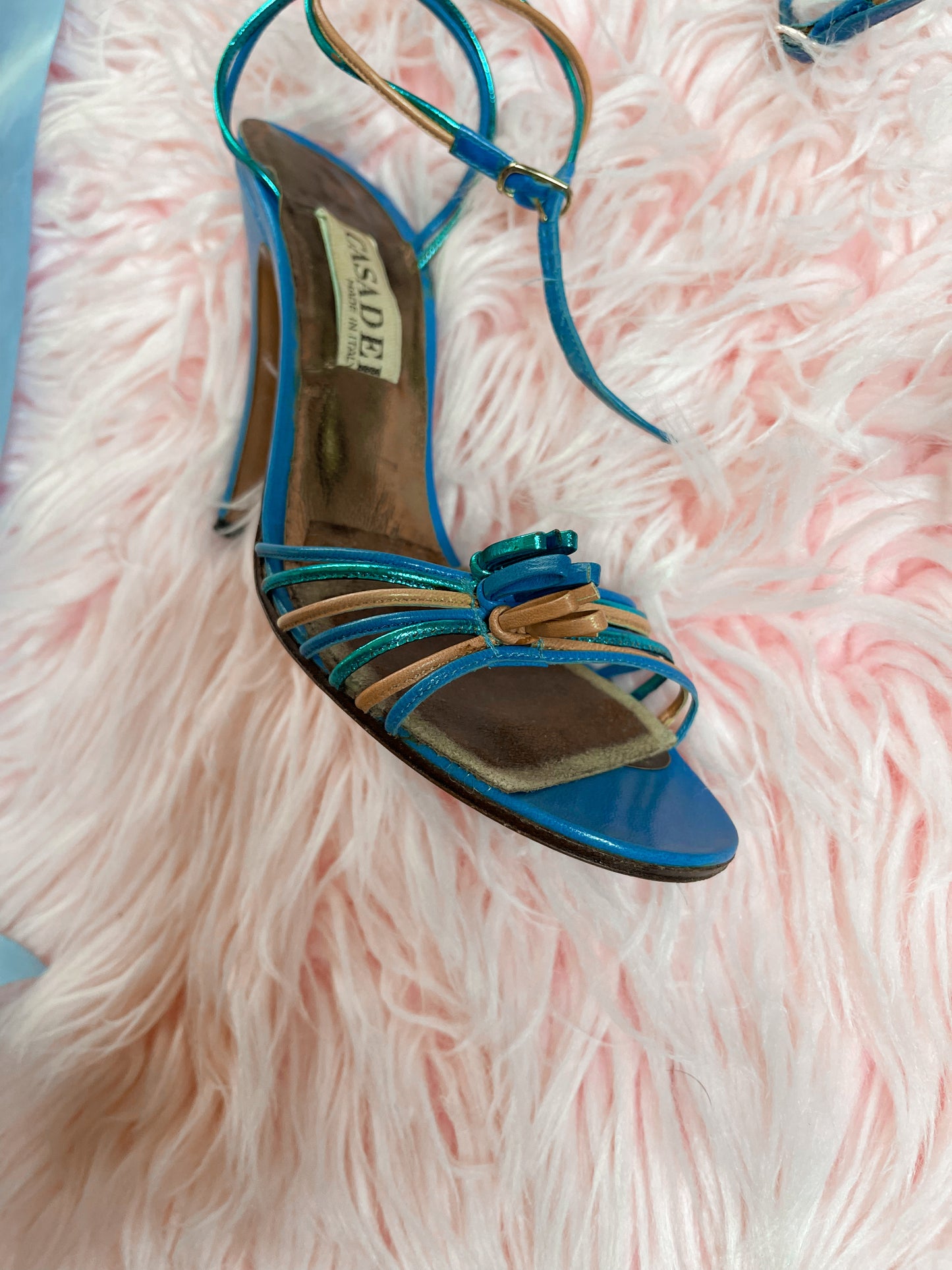 Vintage 70s / 80s "Casadei" Made in Italy Metallic Leather Strap Sandal Heel Shoes Fits US Women Size 6.5