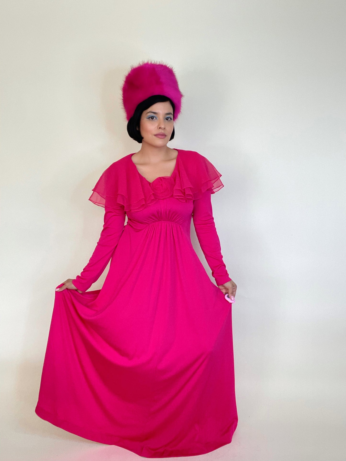 Vintage 1960s / 1970s Stretchy Hot Pink Slinky Ruffle Collar 3-D Flower Maxi Dress Fits Sizes XS-L