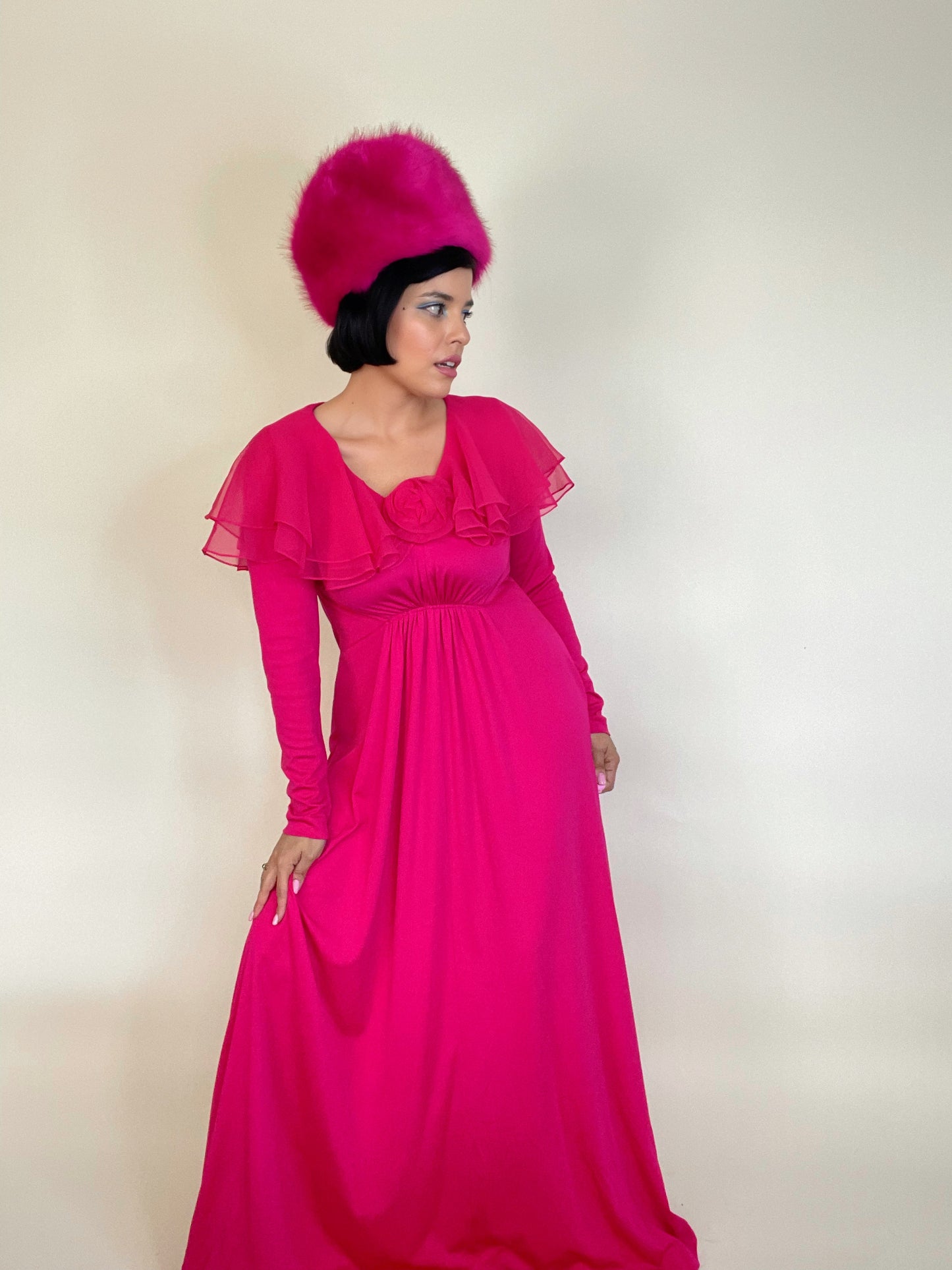 Vintage 1960s / 1970s Stretchy Hot Pink Slinky Ruffle Collar 3-D Flower Maxi Dress Fits Sizes XS-L