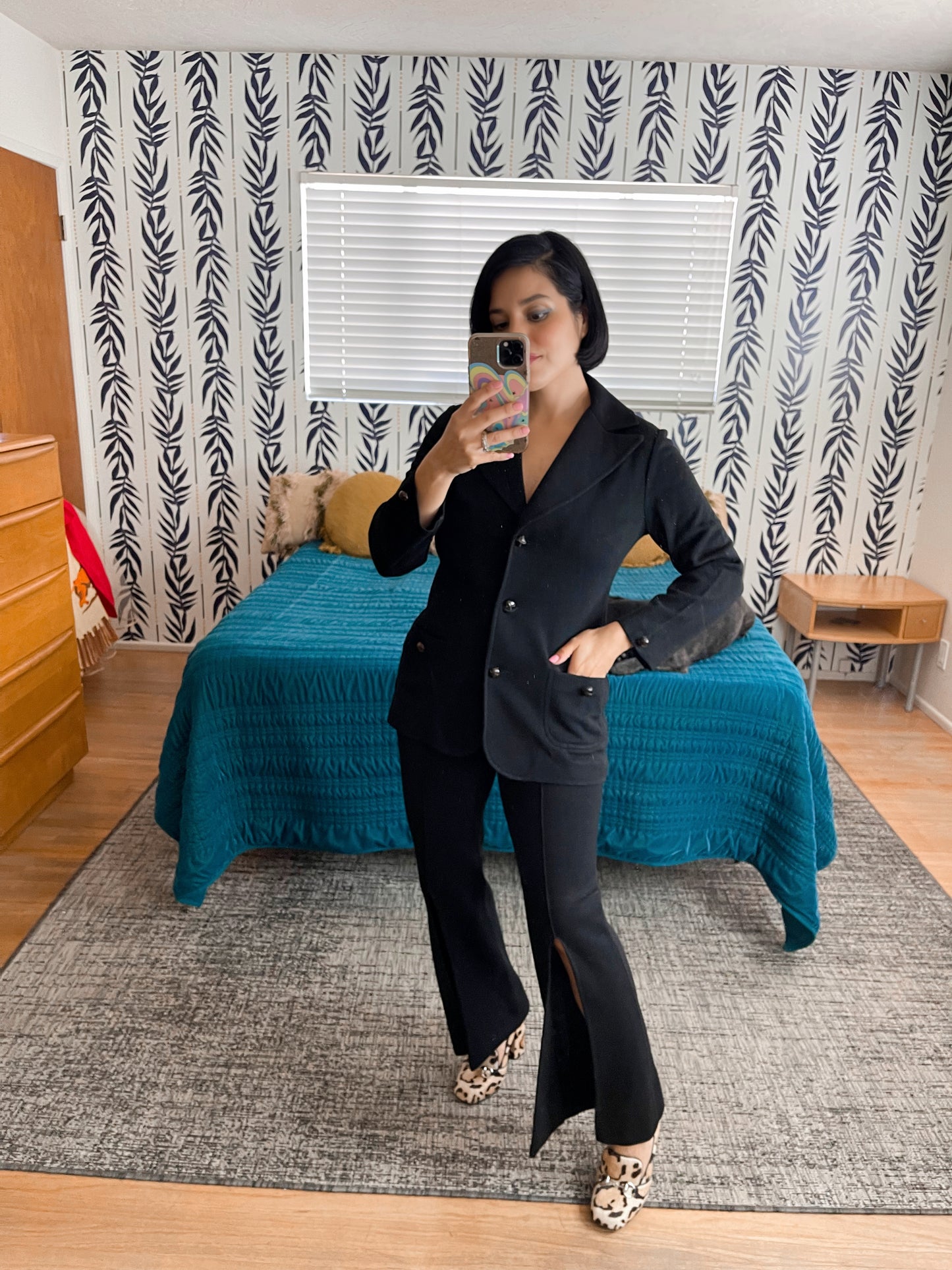 Vintage 70s "Koret of California" Black Knit Two Piece Pant Suit Set Fits Sizes XS-S