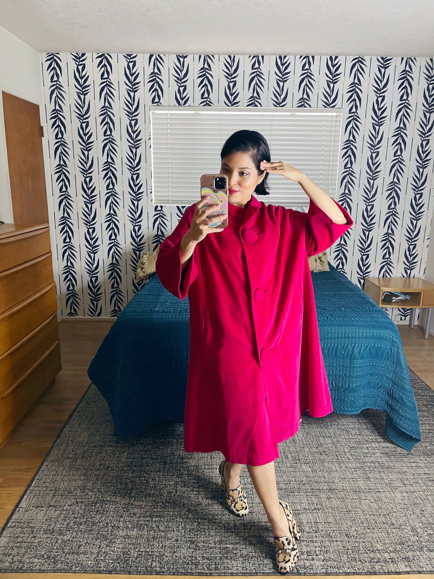 Vintage 50s/60s Hot Pink Velvet Marguerite Rubel San Francisco Swing Coat fits sizes XS-L. Made by Marguerite Rubel San Francisco