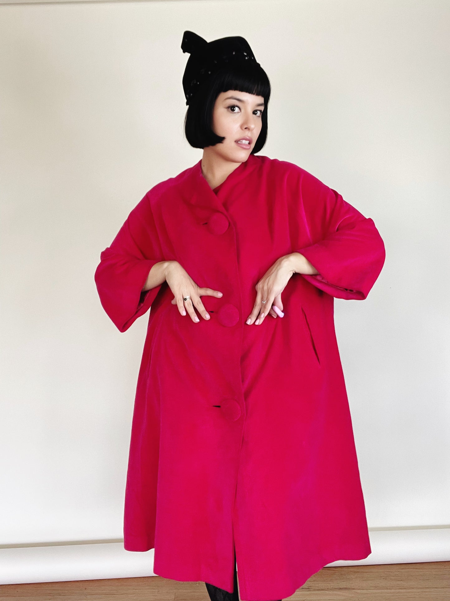 Vintage 50s/60s Hot Pink Velvet Marguerite Rubel San Francisco Swing Coat fits sizes XS-L. Made by Marguerite Rubel San Francisco