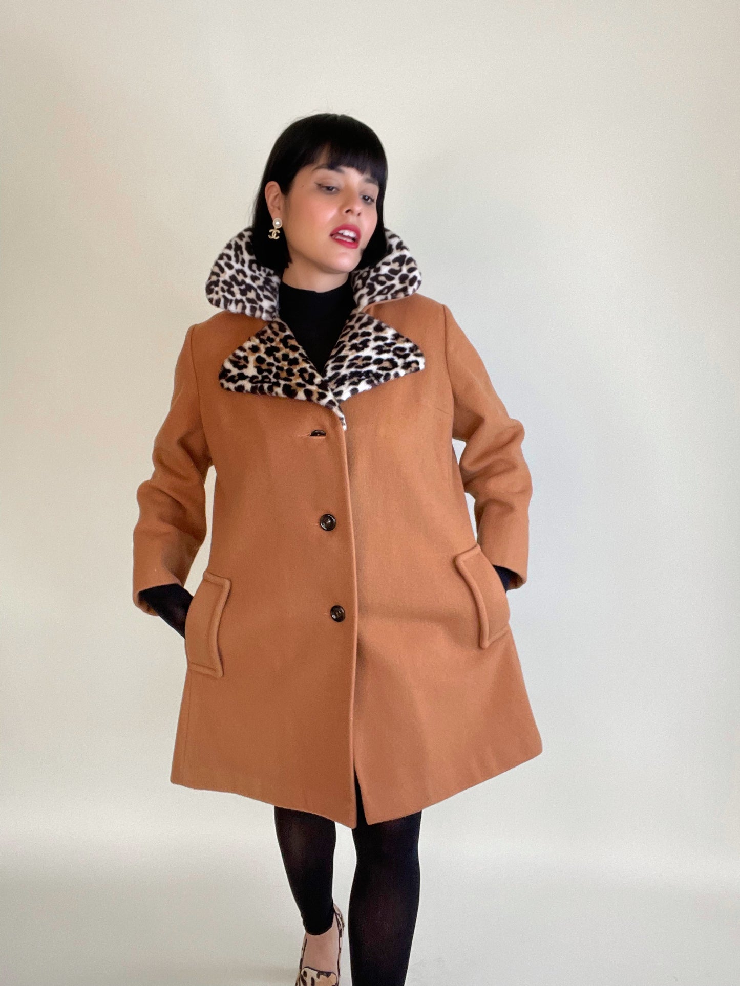 Vintage 60s 70s Brown Coat with Faux Leopard Lapel Detail One Size Fits Most