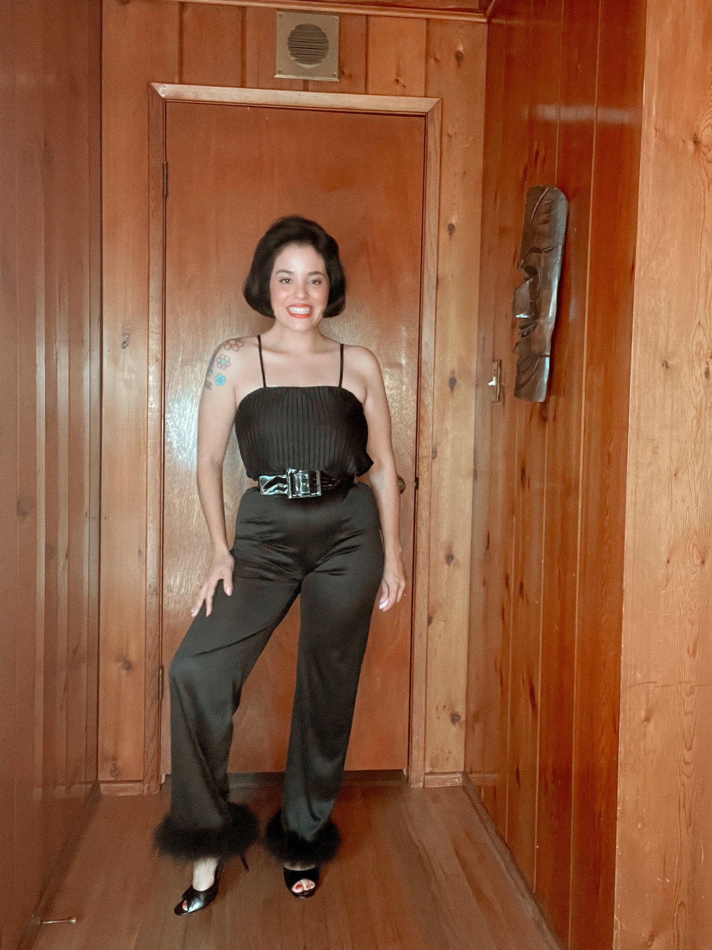 60s 70s Black Jumpsuit with Feather Ankle Cuffs Best Fits Size XS-S *BELT NOT INLUDED*