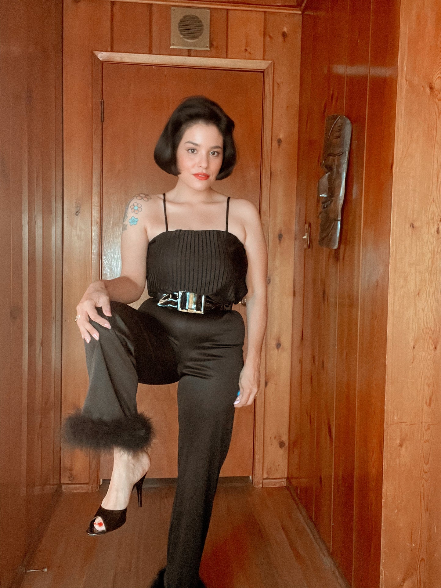 60s 70s Black Jumpsuit with Feather Ankle Cuffs Best Fits Size XS-S *BELT NOT INLUDED*