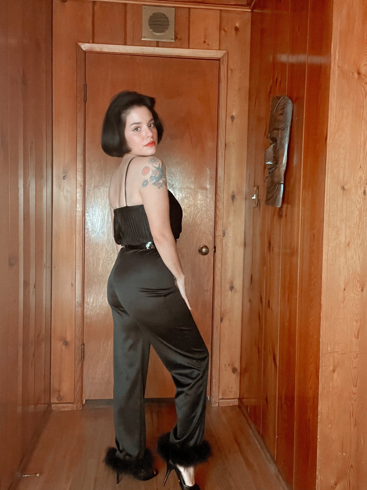 60s 70s Black Jumpsuit with Feather Ankle Cuffs Best Fits Size XS-S *BELT NOT INLUDED*