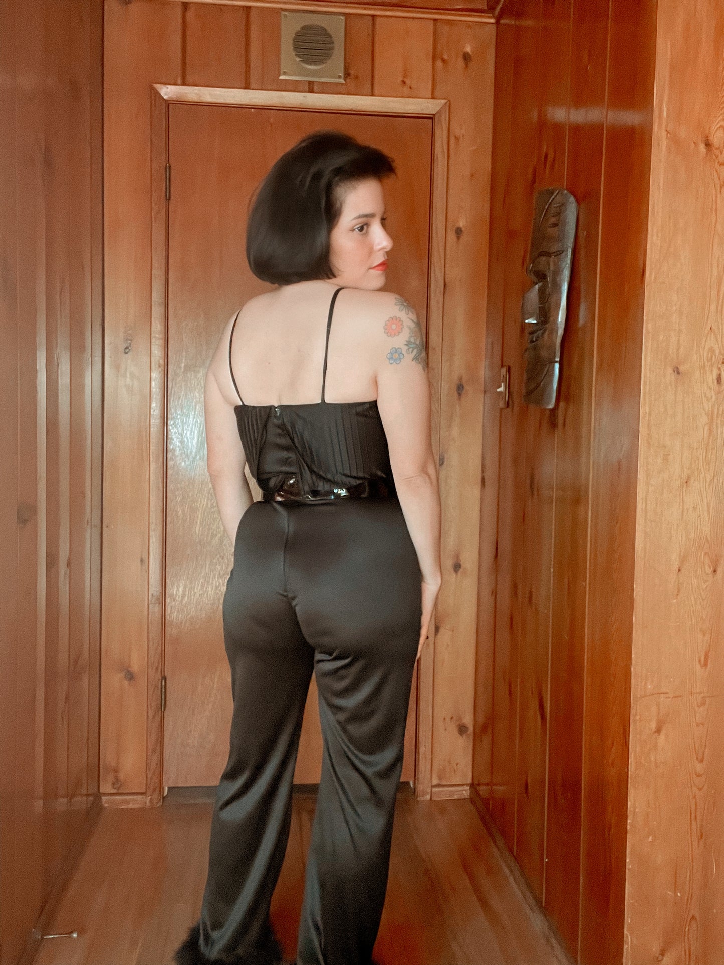 60s 70s Black Jumpsuit with Feather Ankle Cuffs Best Fits Size XS-S *BELT NOT INLUDED*
