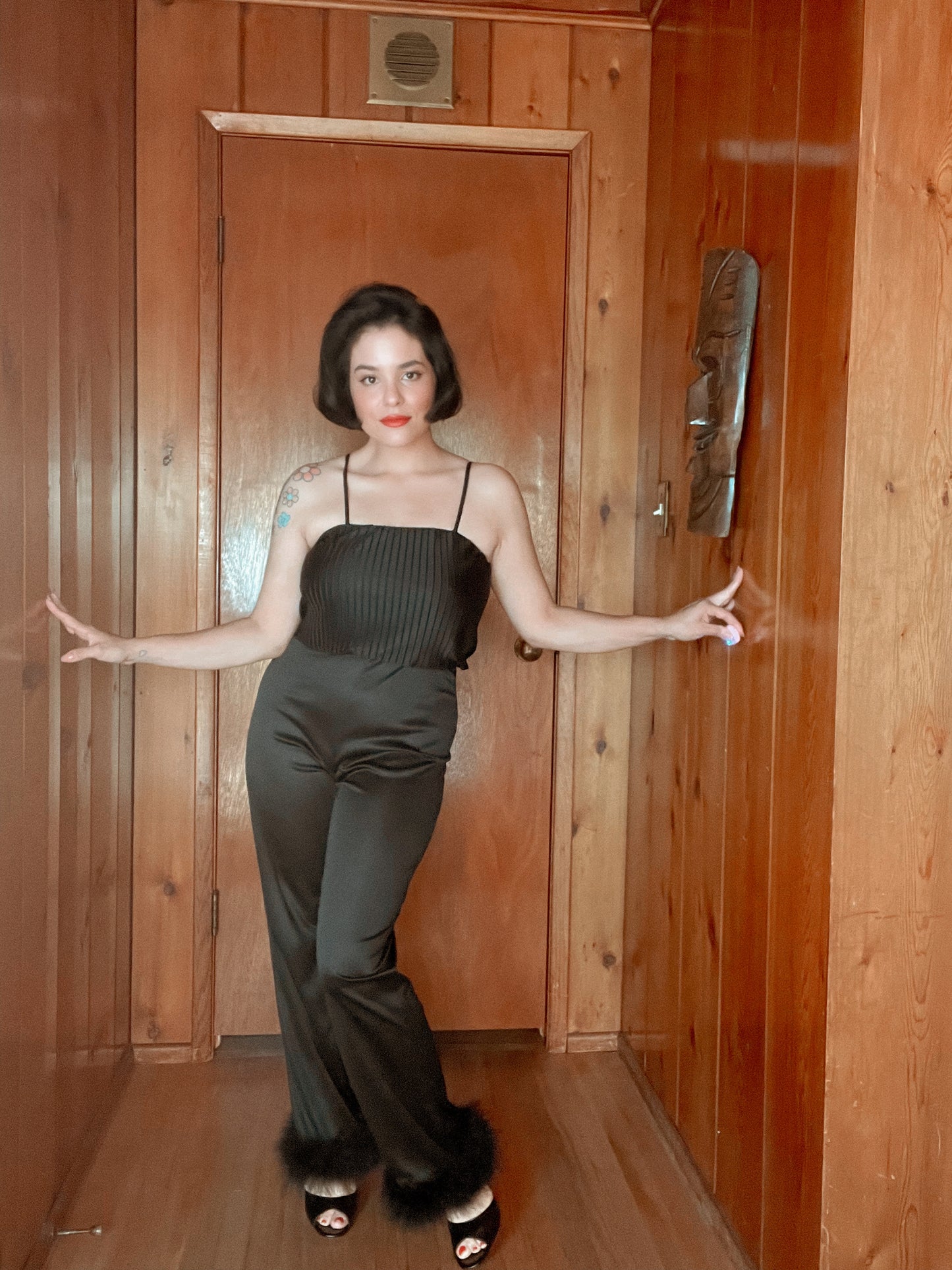 60s 70s Black Jumpsuit with Feather Ankle Cuffs Best Fits Size XS-S *BELT NOT INLUDED*