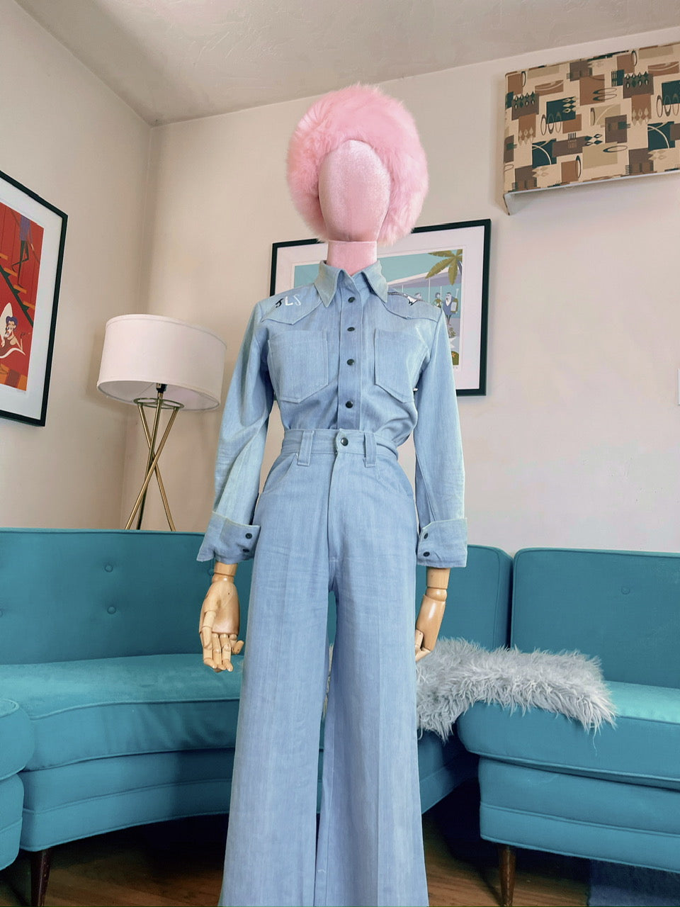 Vintage 70s Denim Two Piece "St. Chamond" Brand, Jonathan Livingston Seagull Novelty Set Best Fits Sizes XS-S