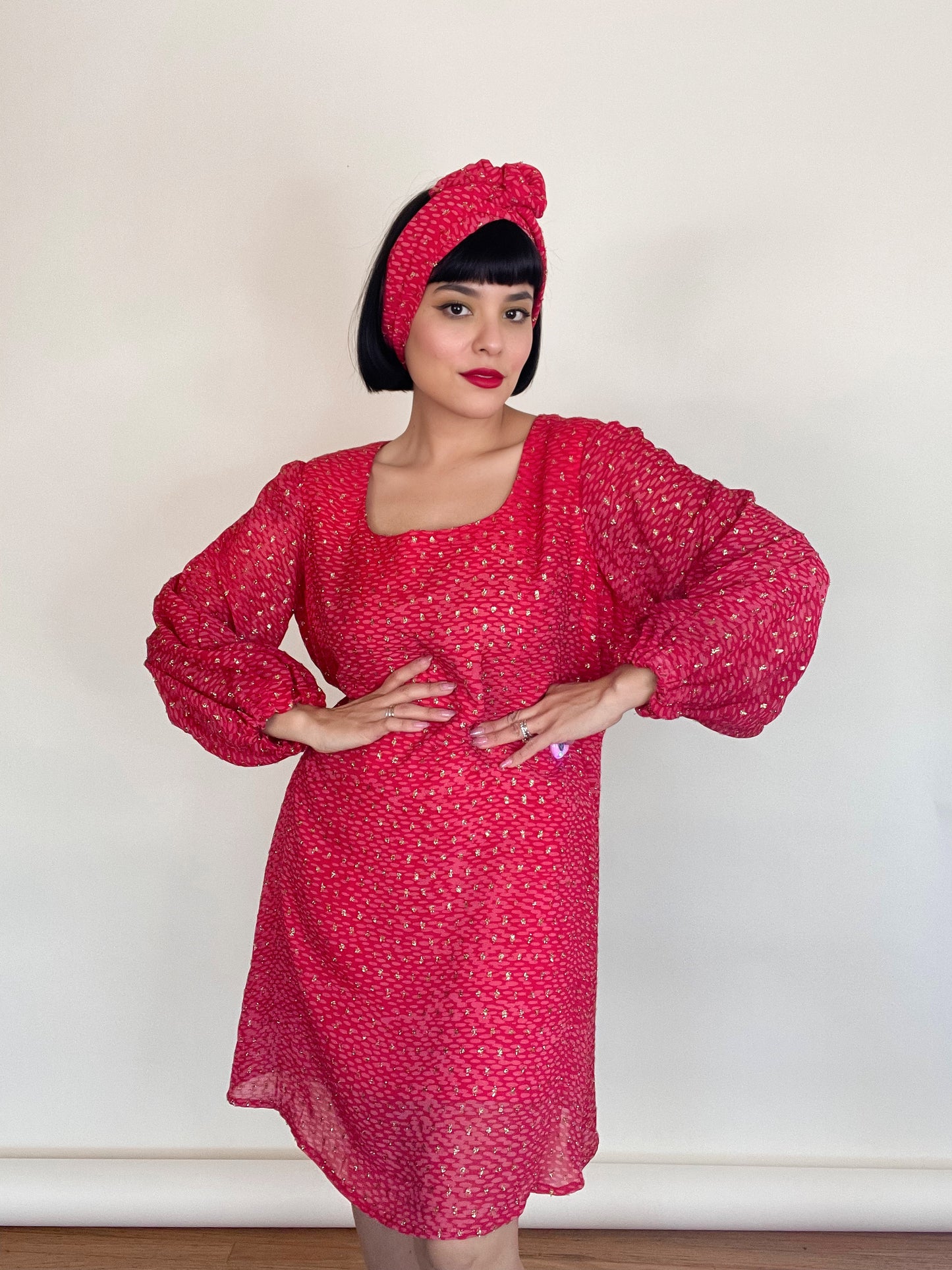Vintage 60s "Patricia's Santa Ana" Dark Pink/ Red and Gold Long Sleeve Shift Dress Best Fits Sizes S-M