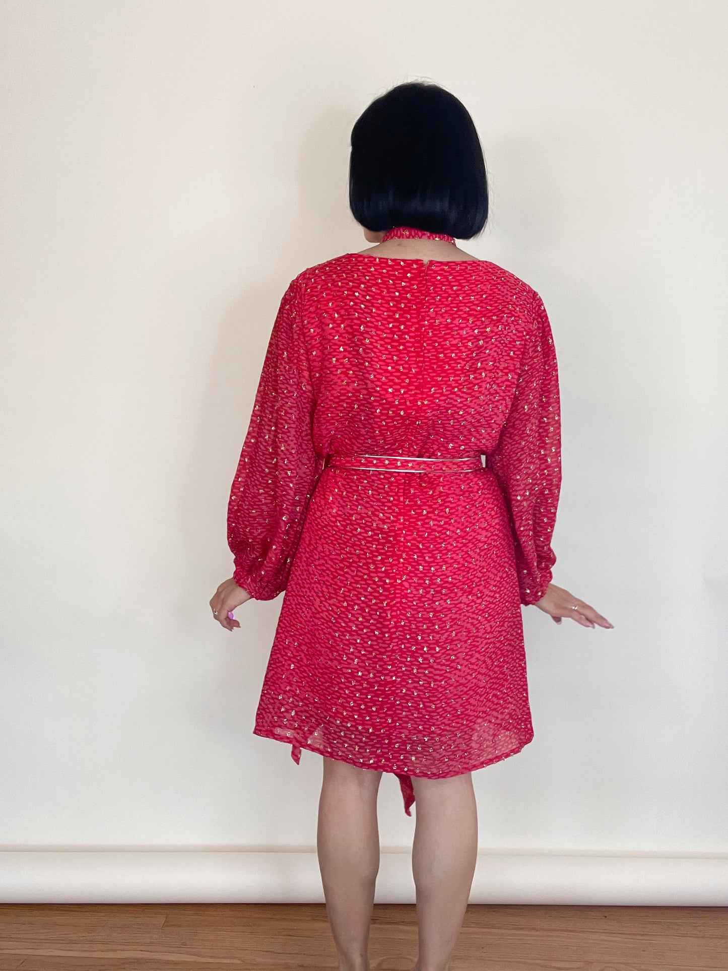 Vintage 60s "Patricia's Santa Ana" Dark Pink/ Red and Gold Long Sleeve Shift Dress Best Fits Sizes S-M