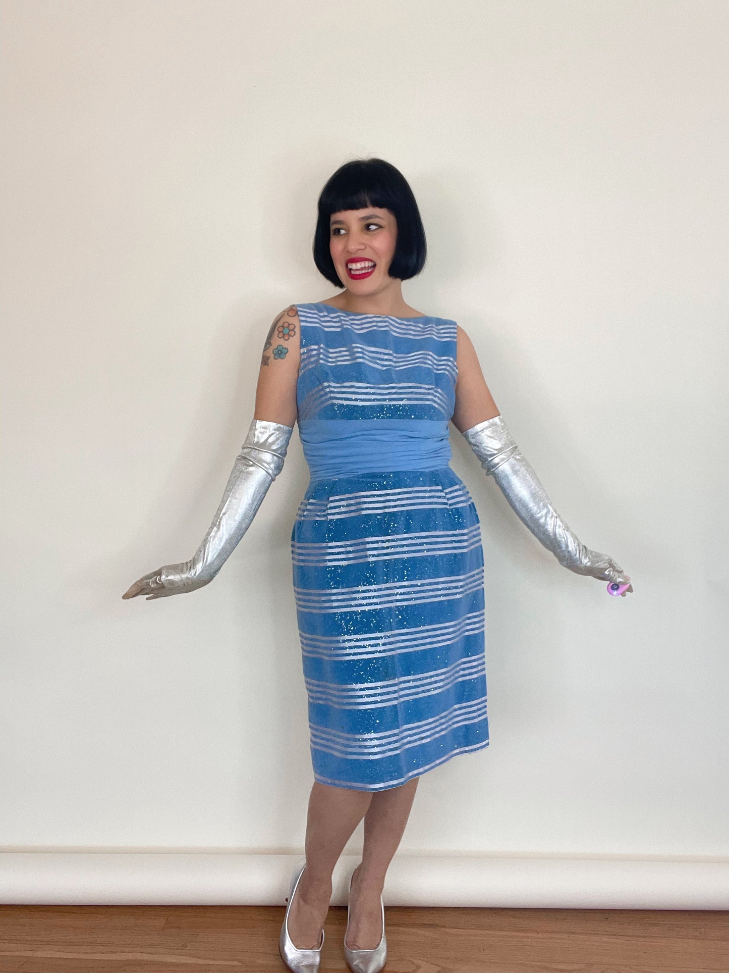 Vintage 50s 60s Velveteen Glitter Striped Wiggle Style Dress Best Fits Sizes XS-S