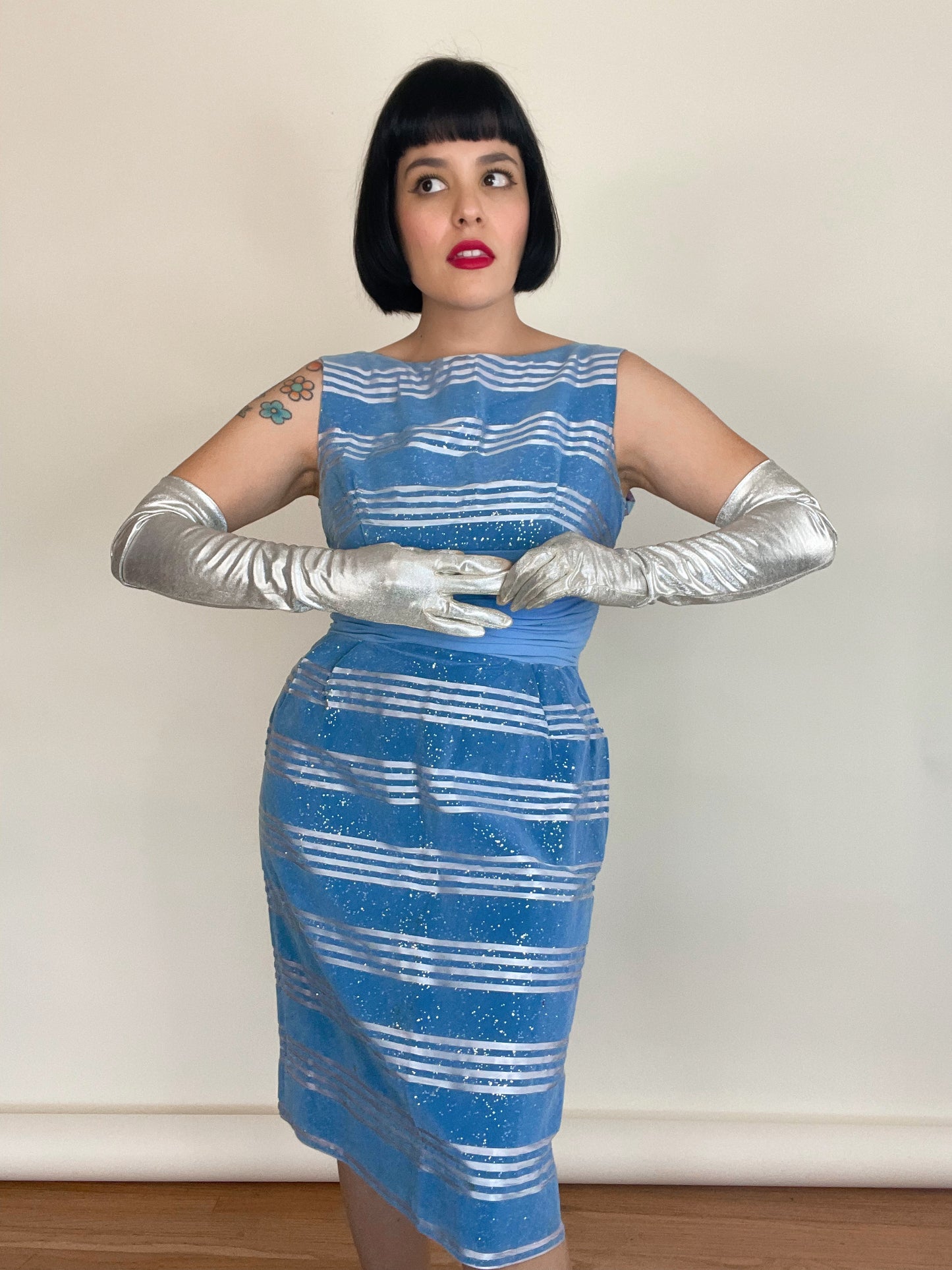 Vintage 50s 60s Velveteen Glitter Striped Wiggle Style Dress Best Fits Sizes XS-S