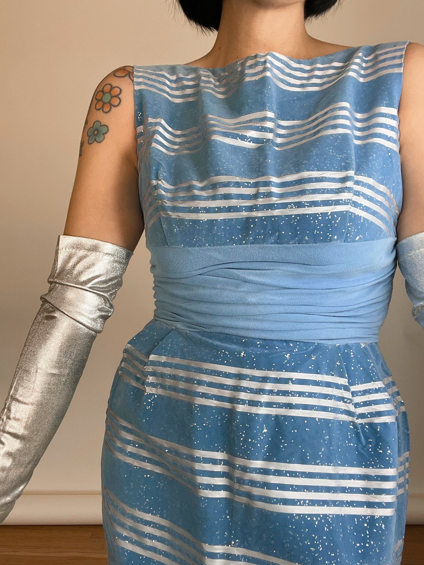 Vintage 50s 60s Velveteen Glitter Striped Wiggle Style Dress Best Fits Sizes XS-S