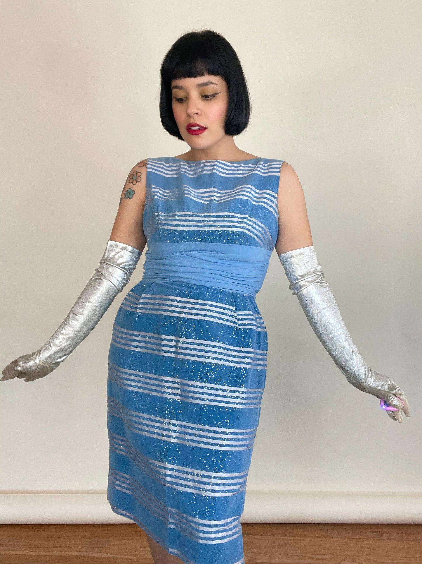 Vintage 50s 60s Velveteen Glitter Striped Wiggle Style Dress Best Fits Sizes XS-S