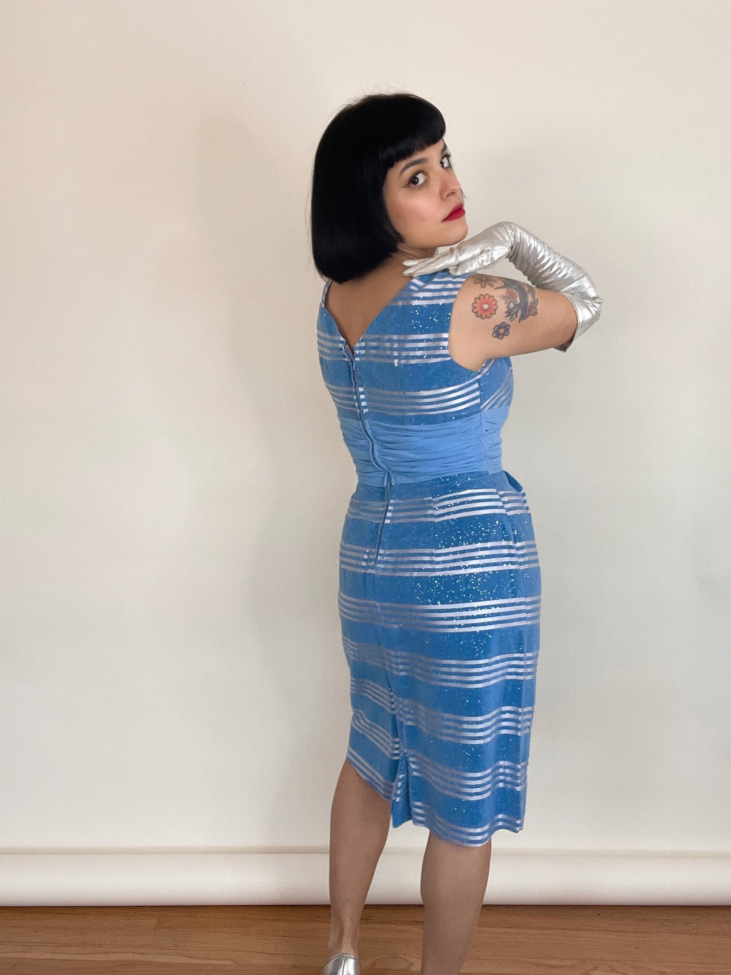 Vintage 50s 60s Velveteen Glitter Striped Wiggle Style Dress Best Fits Sizes XS-S