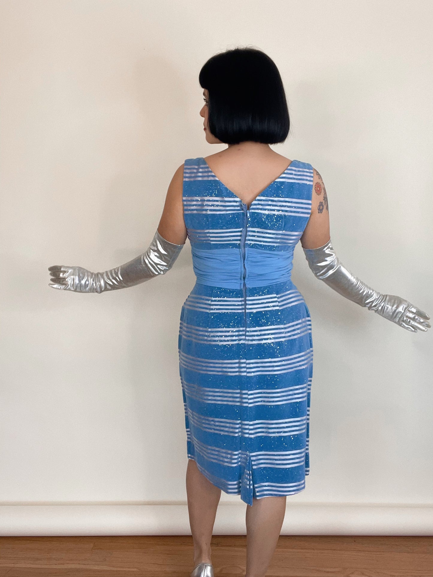 Vintage 50s 60s Velveteen Glitter Striped Wiggle Style Dress Best Fits Sizes XS-S