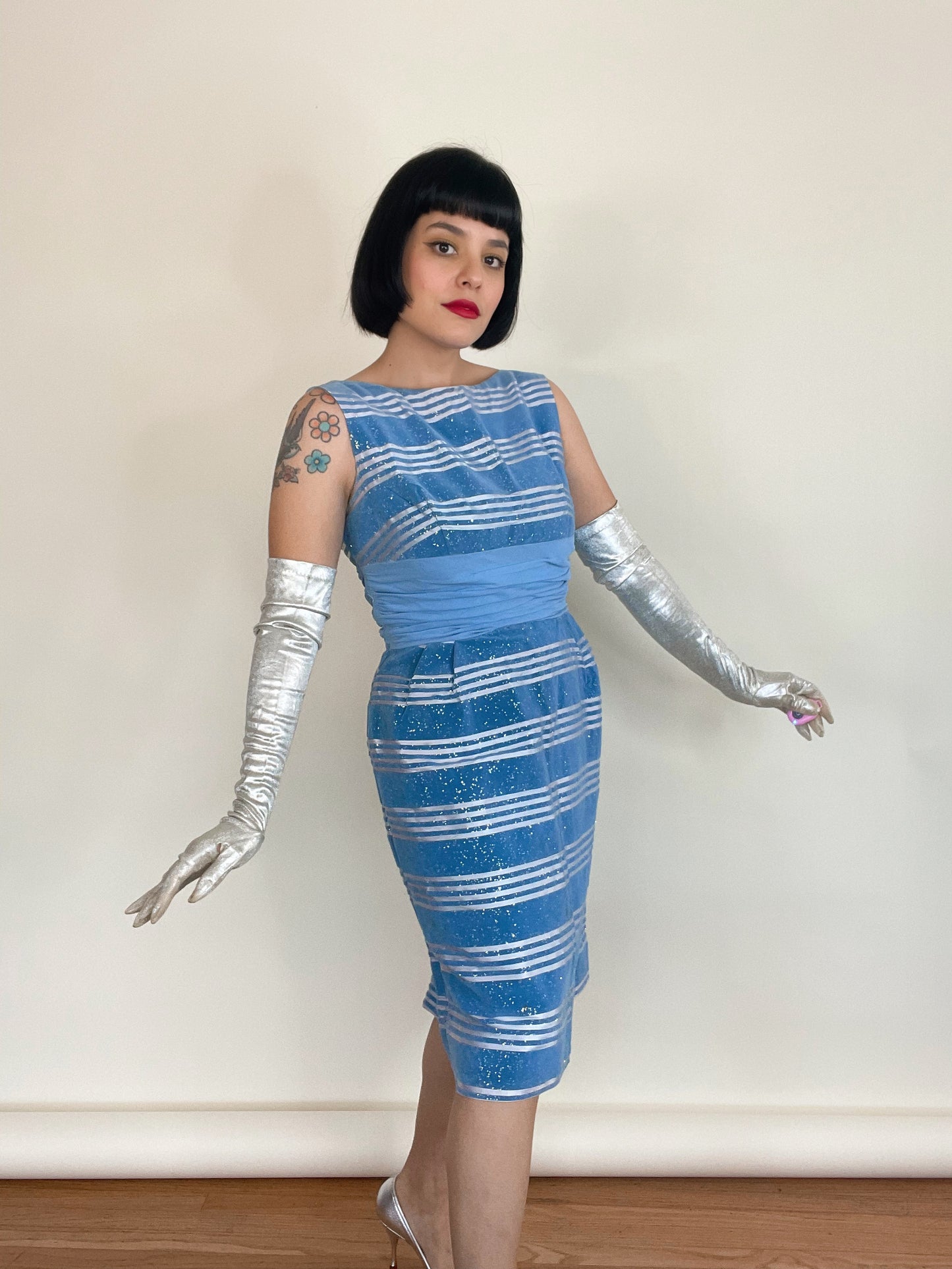 Vintage 50s 60s Velveteen Glitter Striped Wiggle Style Dress Best Fits Sizes XS-S