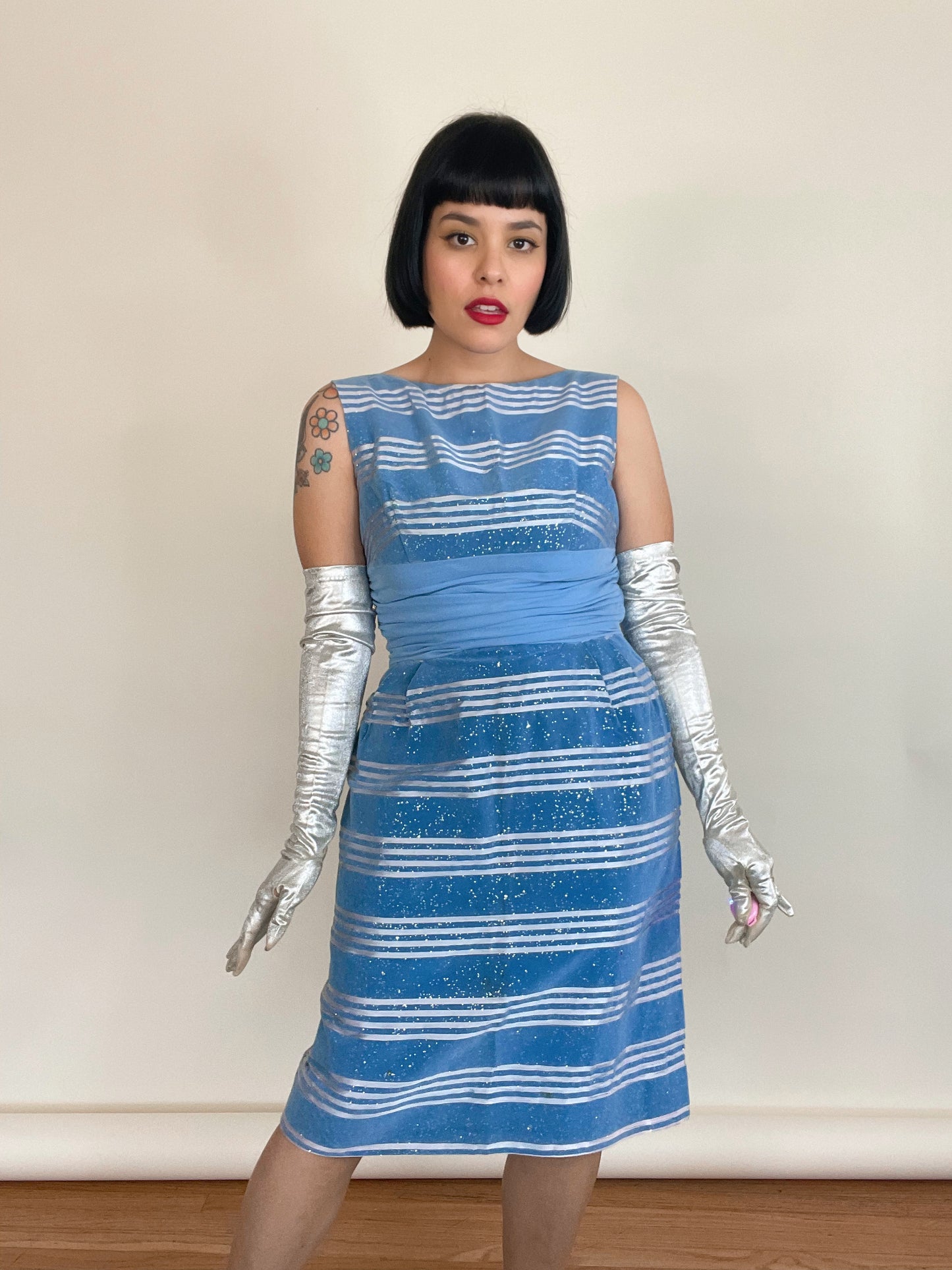 Vintage 50s 60s Velveteen Glitter Striped Wiggle Style Dress Best Fits Sizes XS-S