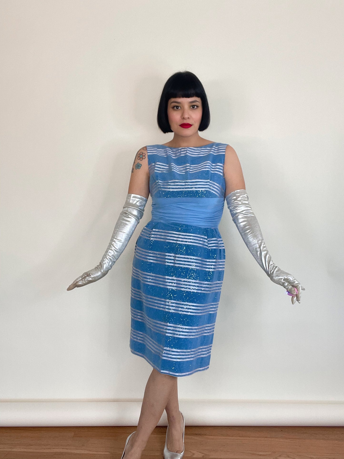 Vintage 50s 60s Velveteen Glitter Striped Wiggle Style Dress Best Fits Sizes XS-S