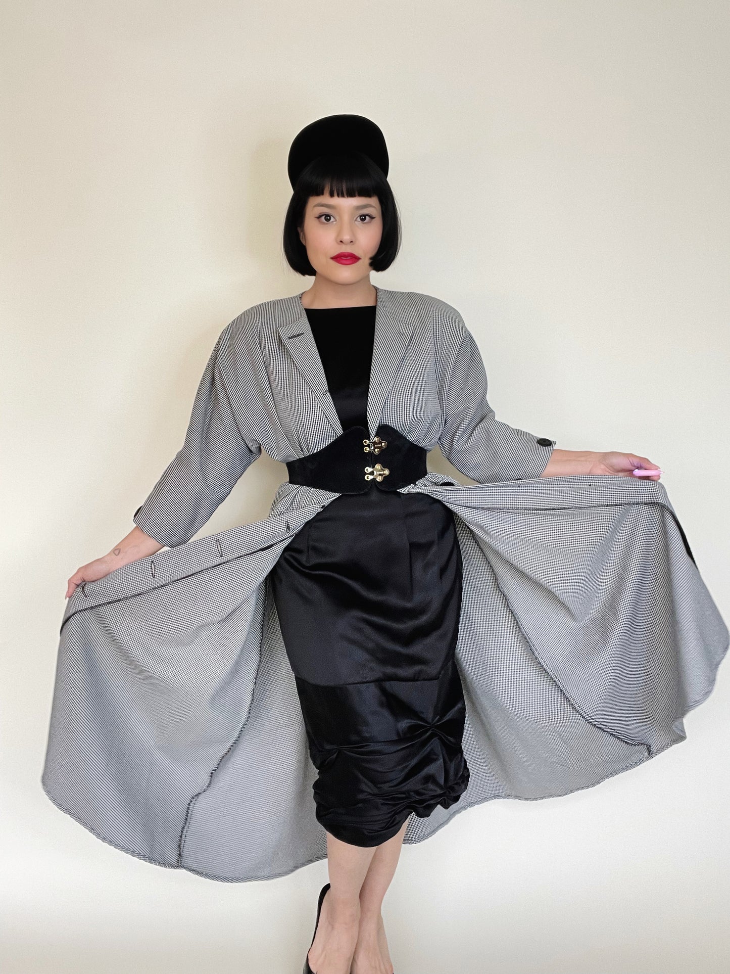 Vintage 50s 60s Black Silk Satin Audrey Hepburn Ruched Hemline Back Bow Wiggle Dress Best Fits Sizes XS-SM