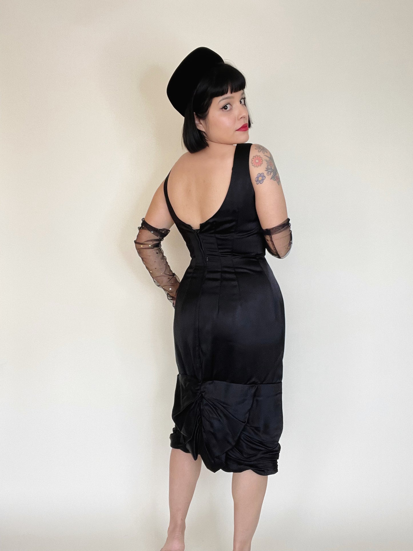 Vintage 50s 60s Black Silk Satin Audrey Hepburn Ruched Hemline Back Bow Wiggle Dress Best Fits Sizes XS-SM