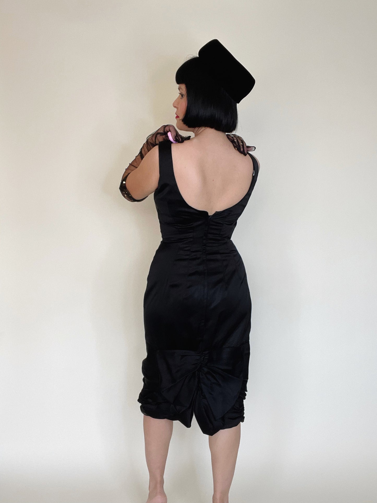 Vintage 50s 60s Black Silk Satin Audrey Hepburn Ruched Hemline Back Bow Wiggle Dress Best Fits Sizes XS-SM