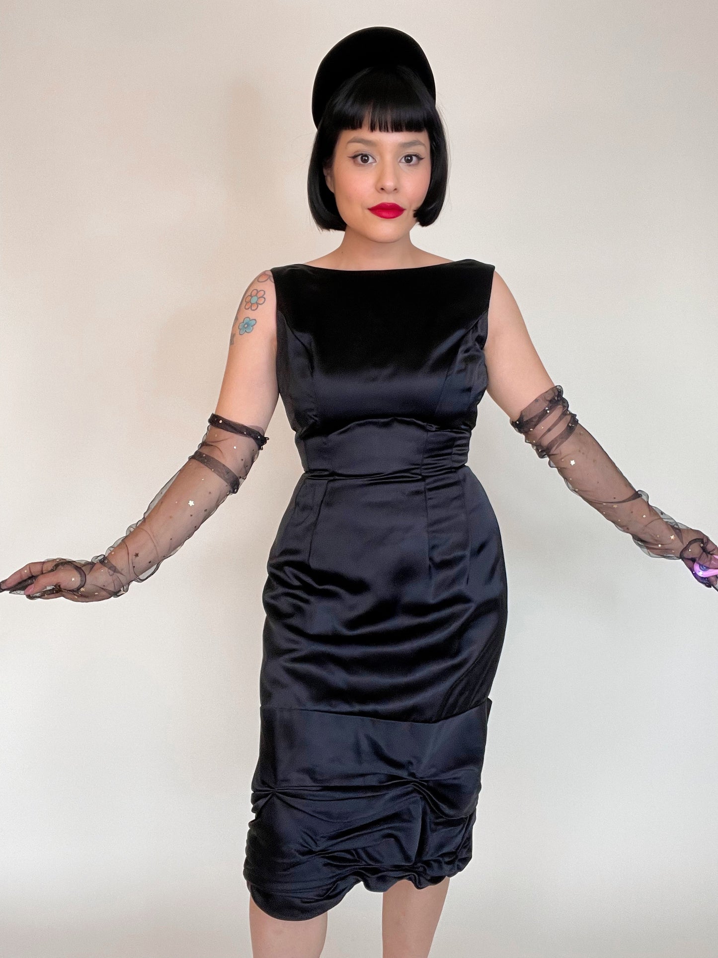 Vintage 50s 60s Black Silk Satin Audrey Hepburn Ruched Hemline Back Bow Wiggle Dress Best Fits Sizes XS-SM