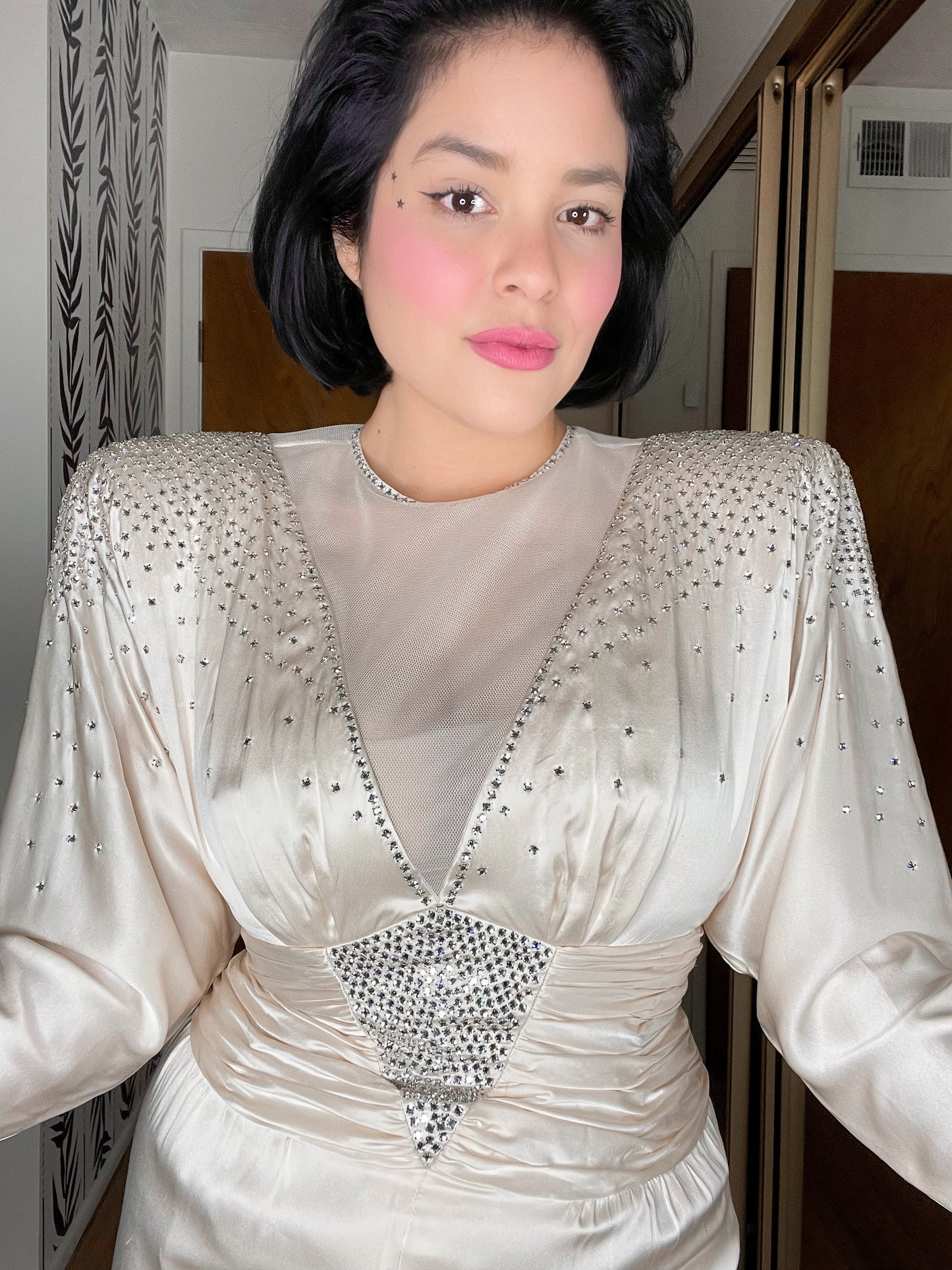 Vintage 80s Silk Rhinestone Wiggle Dress Fits Sizes XS-SM