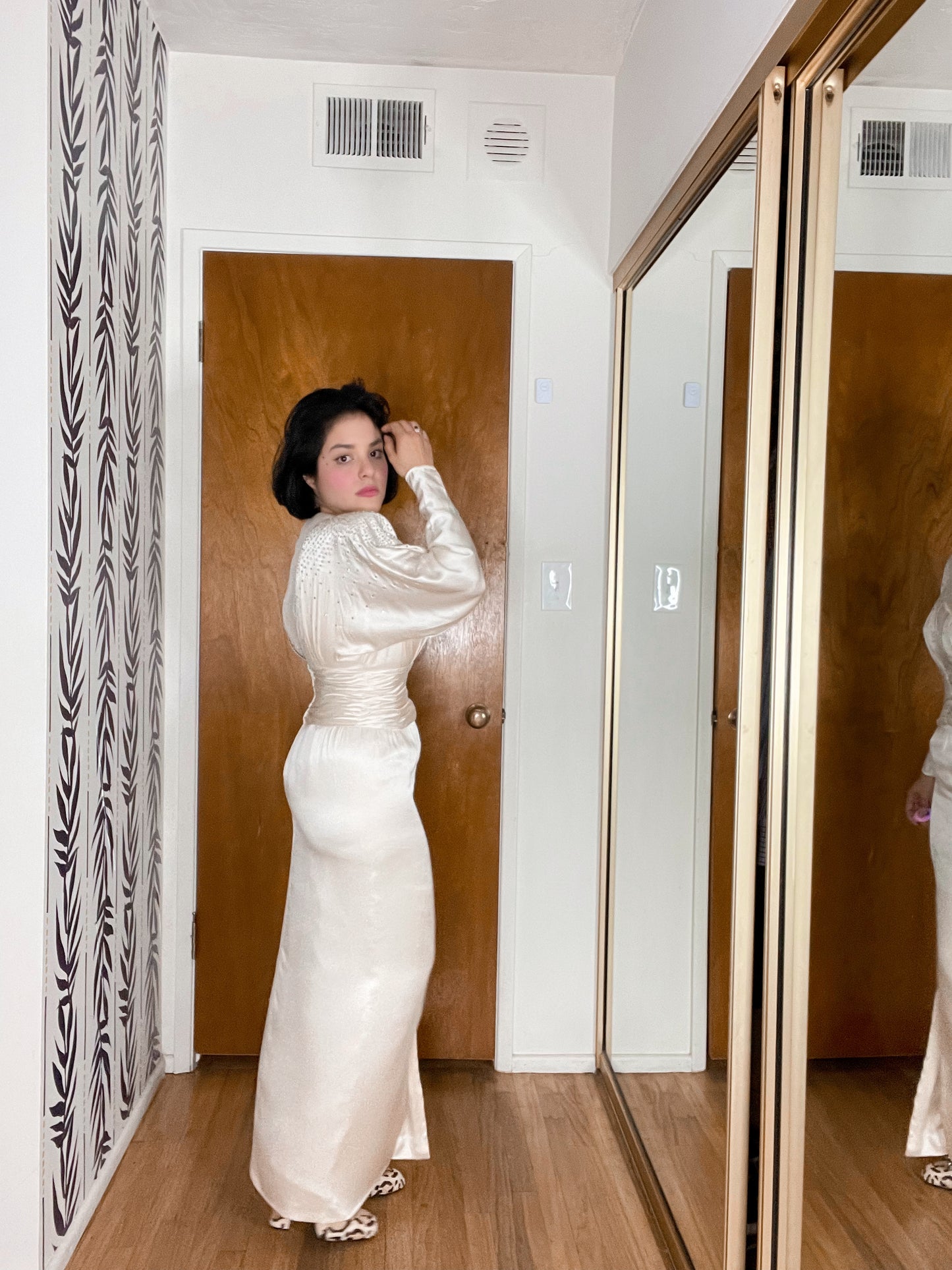 Vintage 80s Silk Rhinestone Wiggle Dress Fits Sizes XS-SM