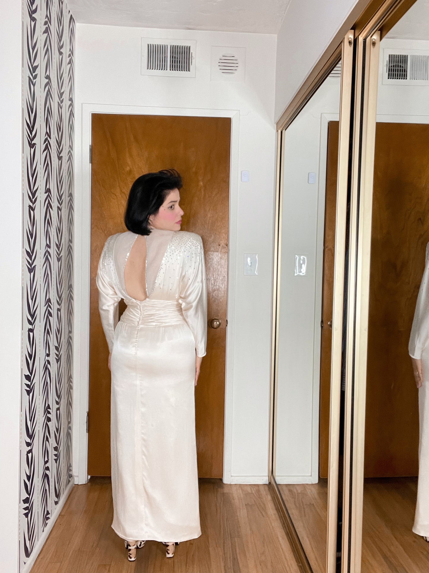 Vintage 80s Silk Rhinestone Wiggle Dress Fits Sizes XS-SM