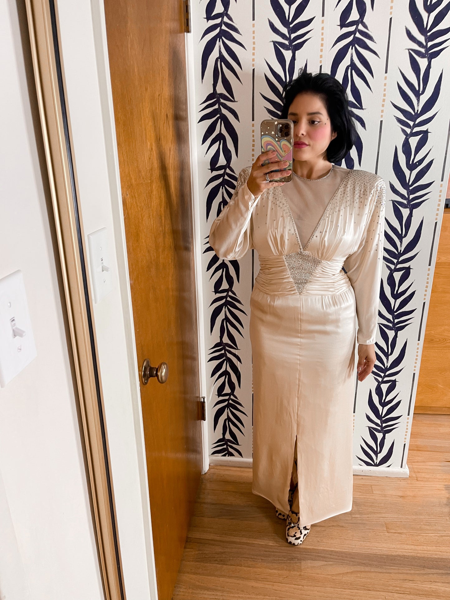 Vintage 80s Silk Rhinestone Wiggle Dress Fits Sizes XS-SM