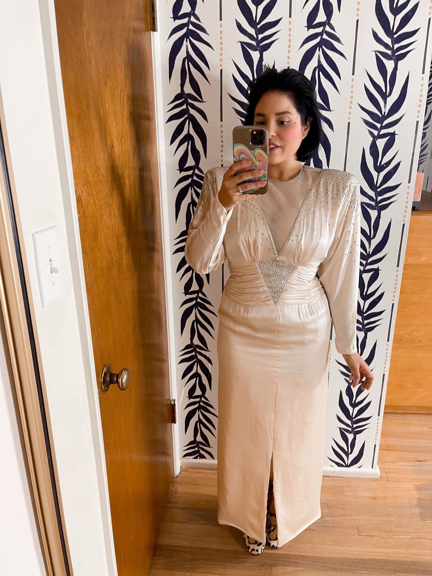 Vintage 80s Silk Rhinestone Wiggle Dress Fits Sizes XS-SM