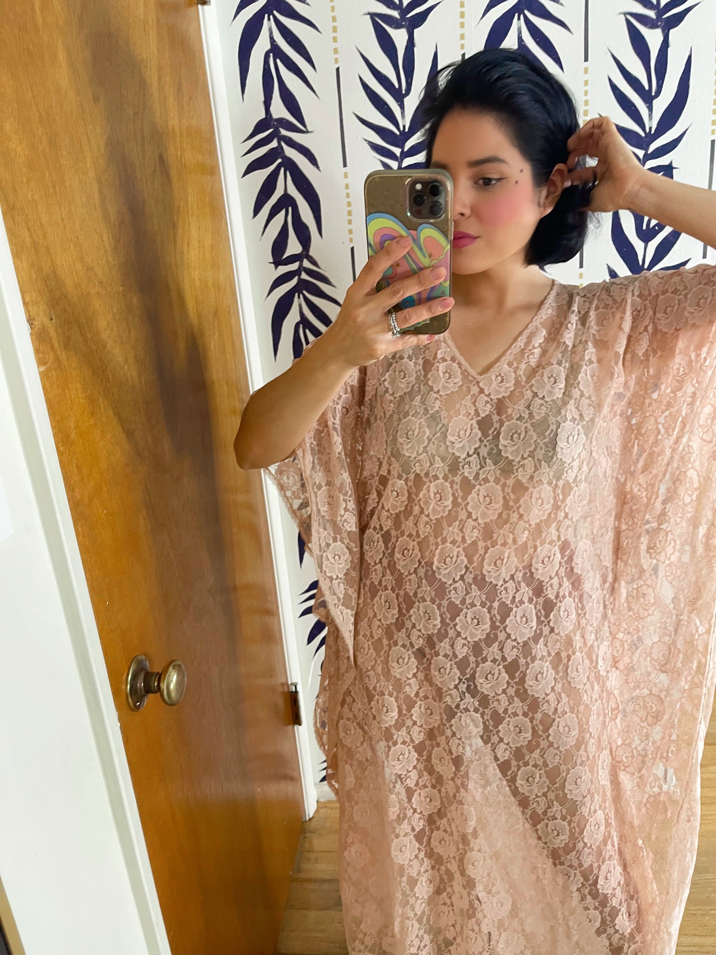 Vintage 60s / 70s Rose Pink Lace Sheer Caftan Matching Duster w/ Bell Sleeves Fits Most Sizes