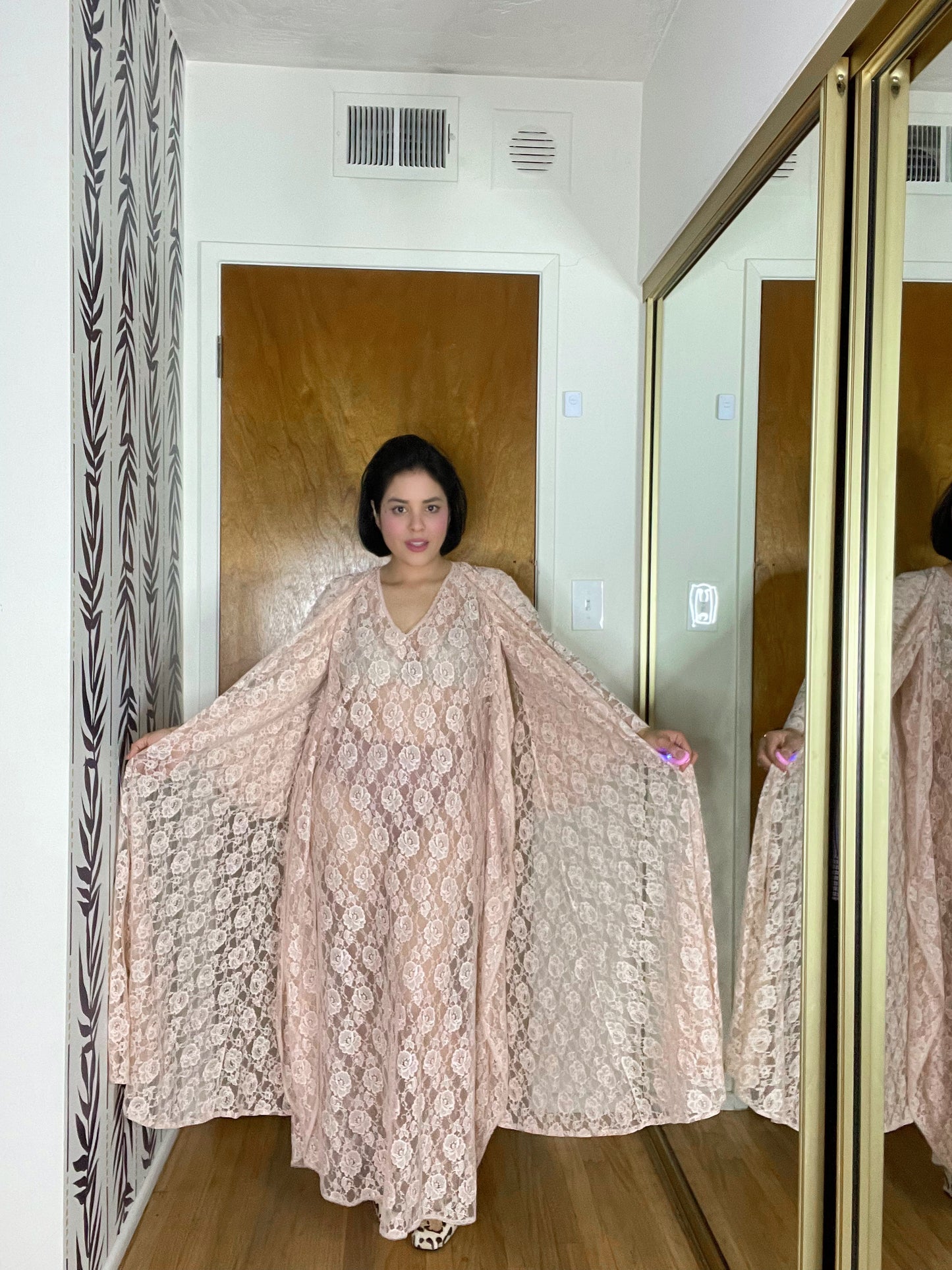 Vintage 60s / 70s Rose Pink Lace Sheer Caftan Matching Duster w/ Bell Sleeves Fits Most Sizes