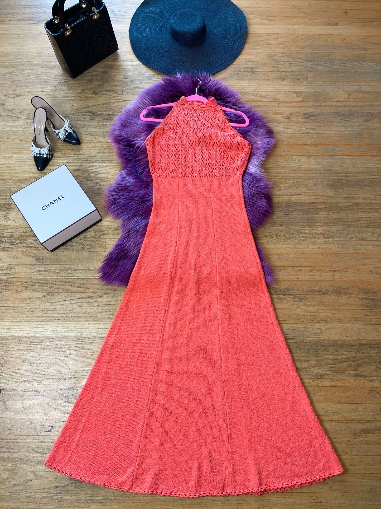 Vintage 60s 70s "Picardo Knits" Salmon Pink Slinky Maxi Dress - Best Fits Sizes XS-M & Possible Size L