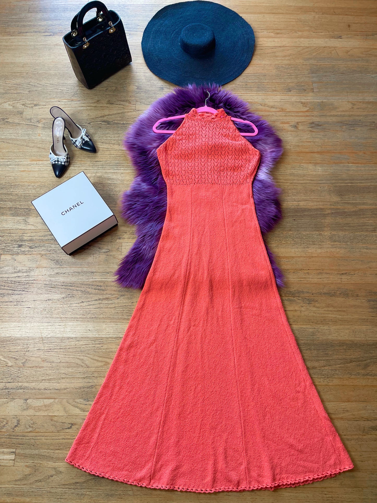 Vintage 60s 70s "Picardo Knits" Salmon Pink Slinky Maxi Dress - Best Fits Sizes XS-M & Possible Size L