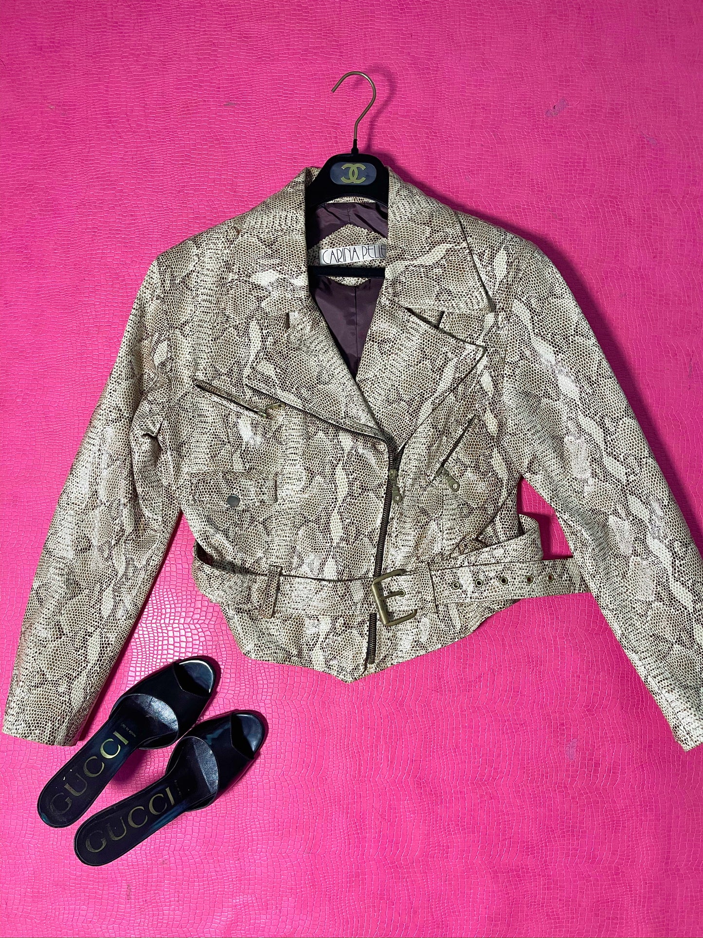 Vintage 80s "Carina Pelle" Faux Leather Snake Skin Crop Jacket - Best Fits Size M