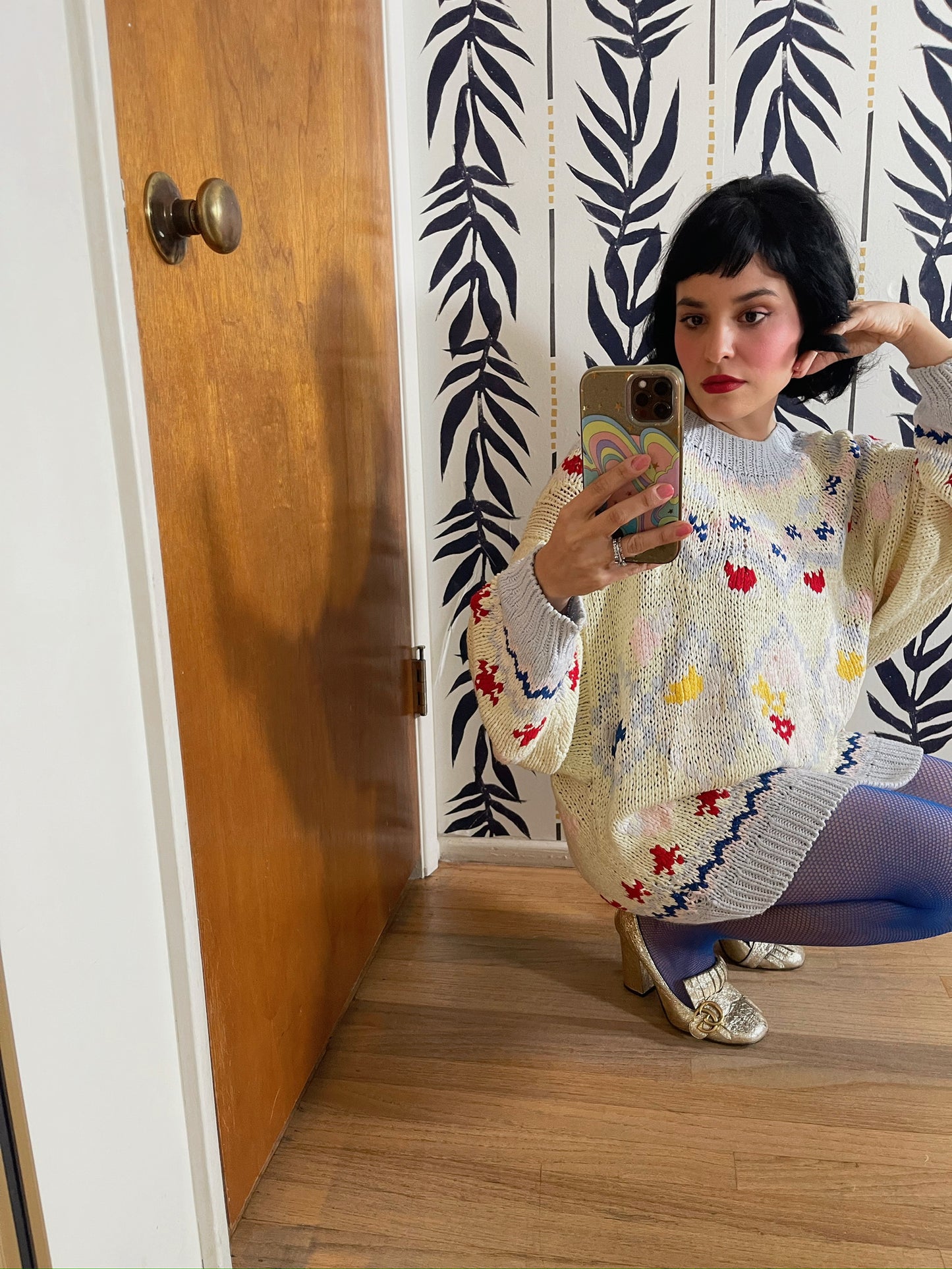 Vintage 70s 80s "No Jeans! Designs By Claude Atties" Pastel Knit Sweater - One Size Fits Most