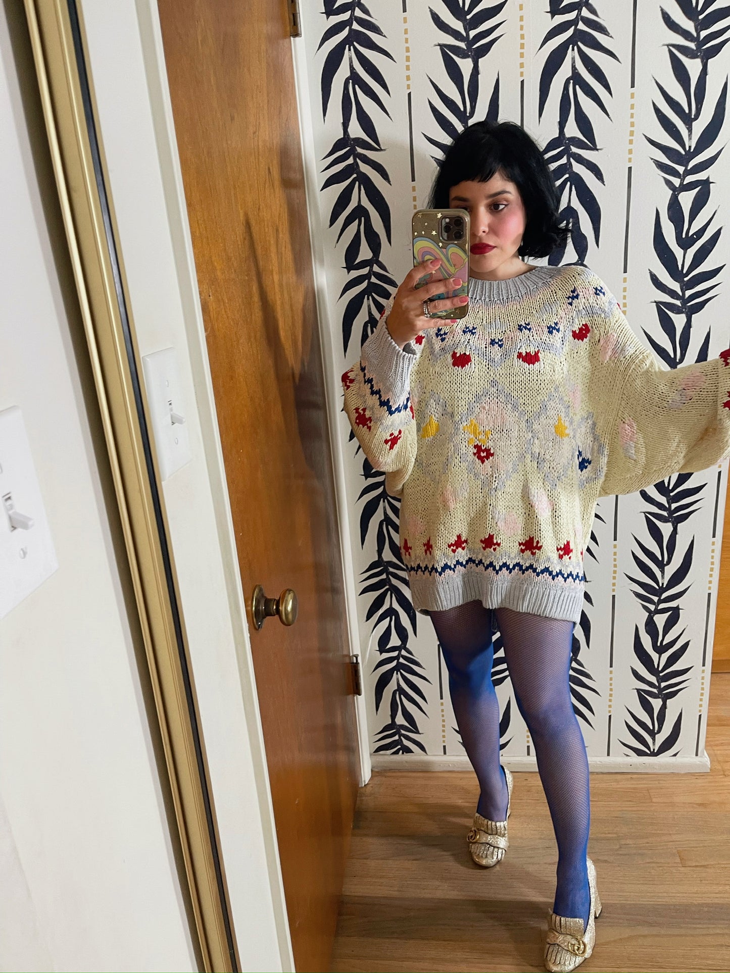 Vintage 70s 80s "No Jeans! Designs By Claude Atties" Pastel Knit Sweater - One Size Fits Most