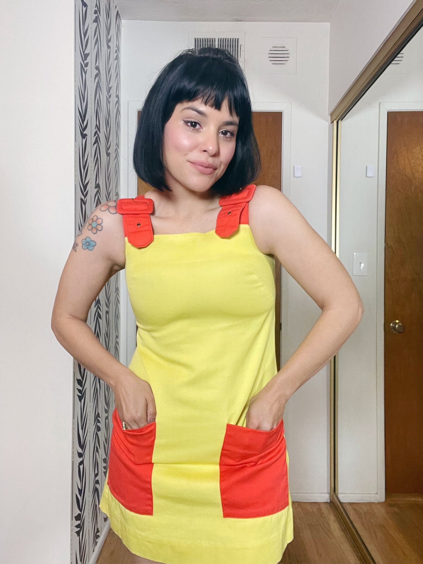 Vintage 60s "Alice Martin" Orange And Yellow Overall Dress - Best Fits Size XS-S
