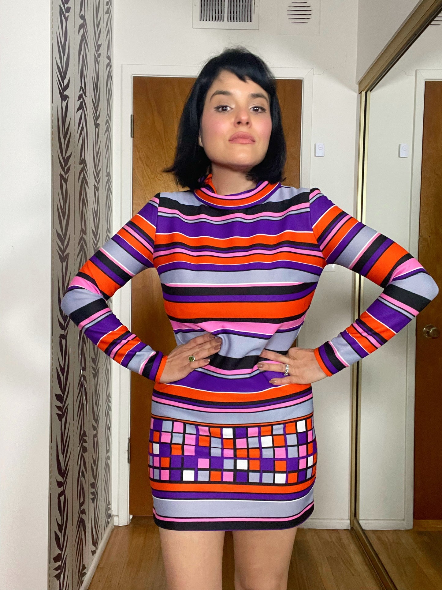 Vintage 60s Pixels And Stripes Turtleneck Dress - Best Fits Size XXS-M